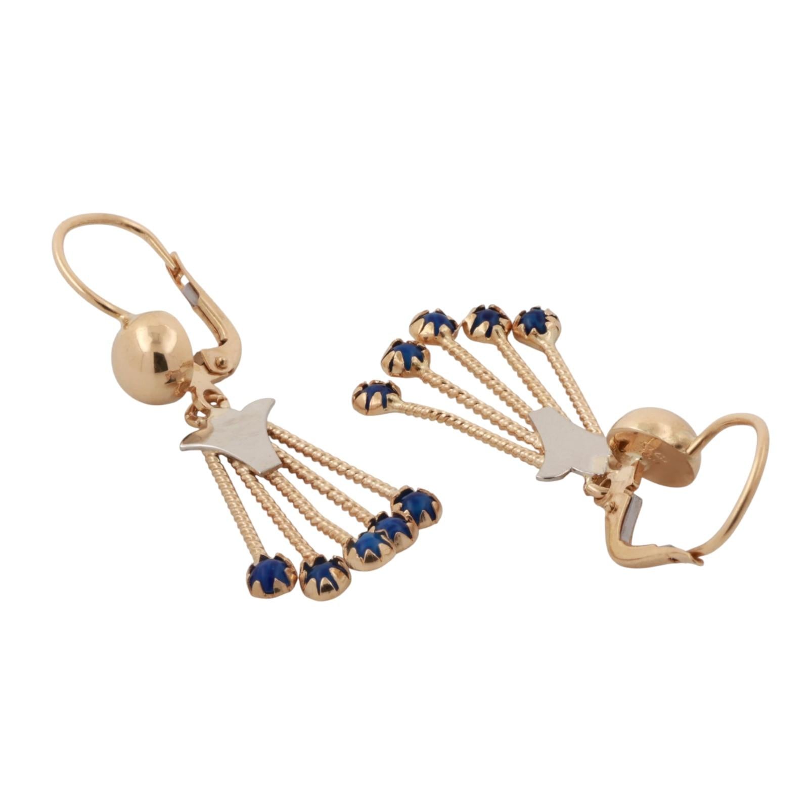 Vintage Blue Stone Drop Dangle Tassel Earrings 18K Yellow Gold 1.69" Ladies