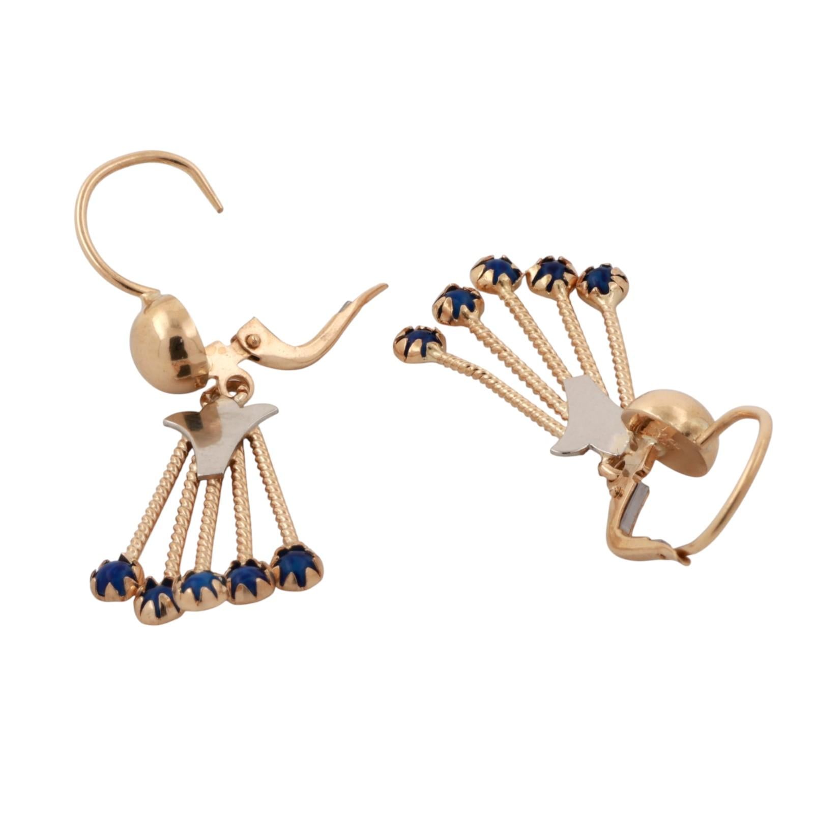 Vintage Blue Stone Drop Dangle Tassel Earrings 18K Yellow Gold 1.69" Ladies