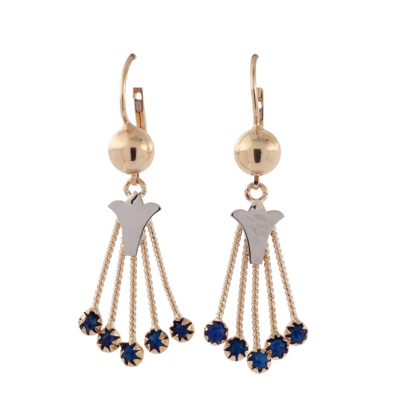 Vintage Blue Stone Drop Dangle Tassel Earrings 18K Yellow Gold 1.69" Ladies