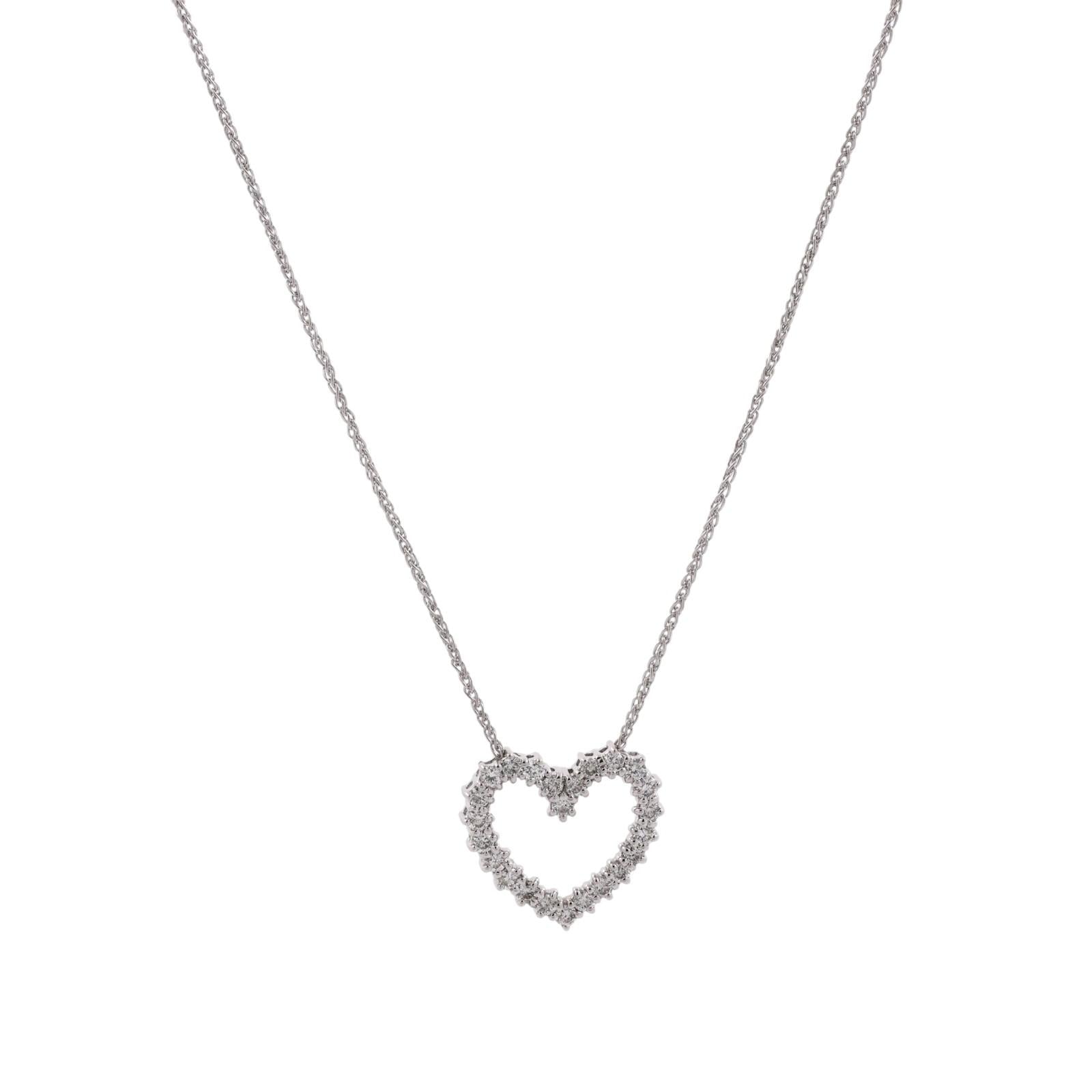 0.60 TW Diamond Open Heart Pendant Spiga Chain Necklace White Gold 18" Ladies
