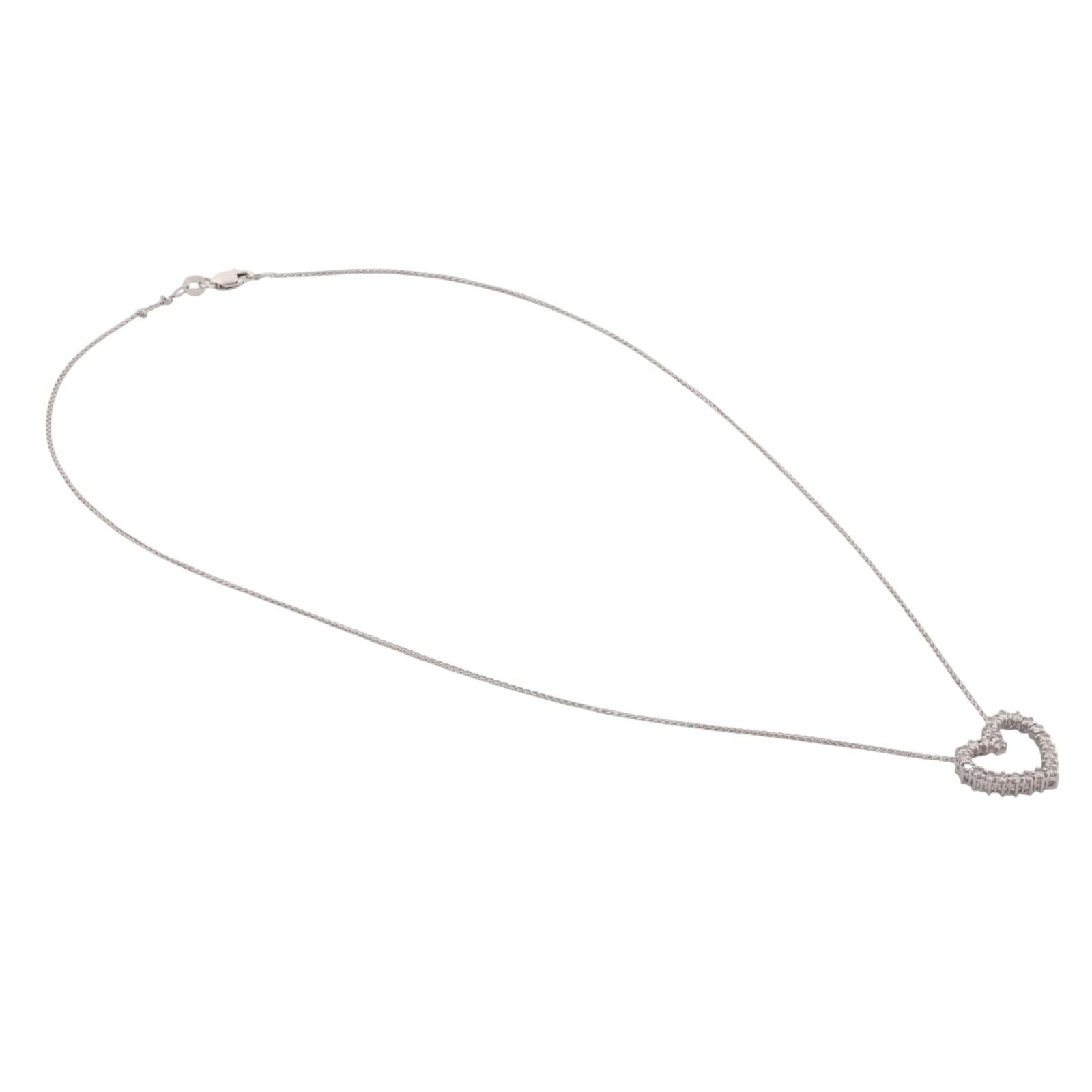 0.60 TW Diamond Open Heart Pendant Spiga Chain Necklace White Gold 18" Ladies