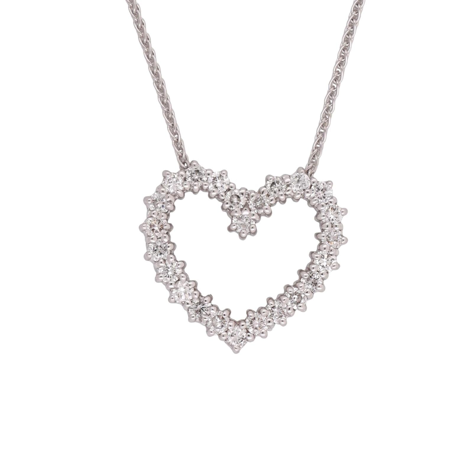 0.60 TW Diamond Open Heart Pendant Spiga Chain Necklace White Gold 18" Ladies