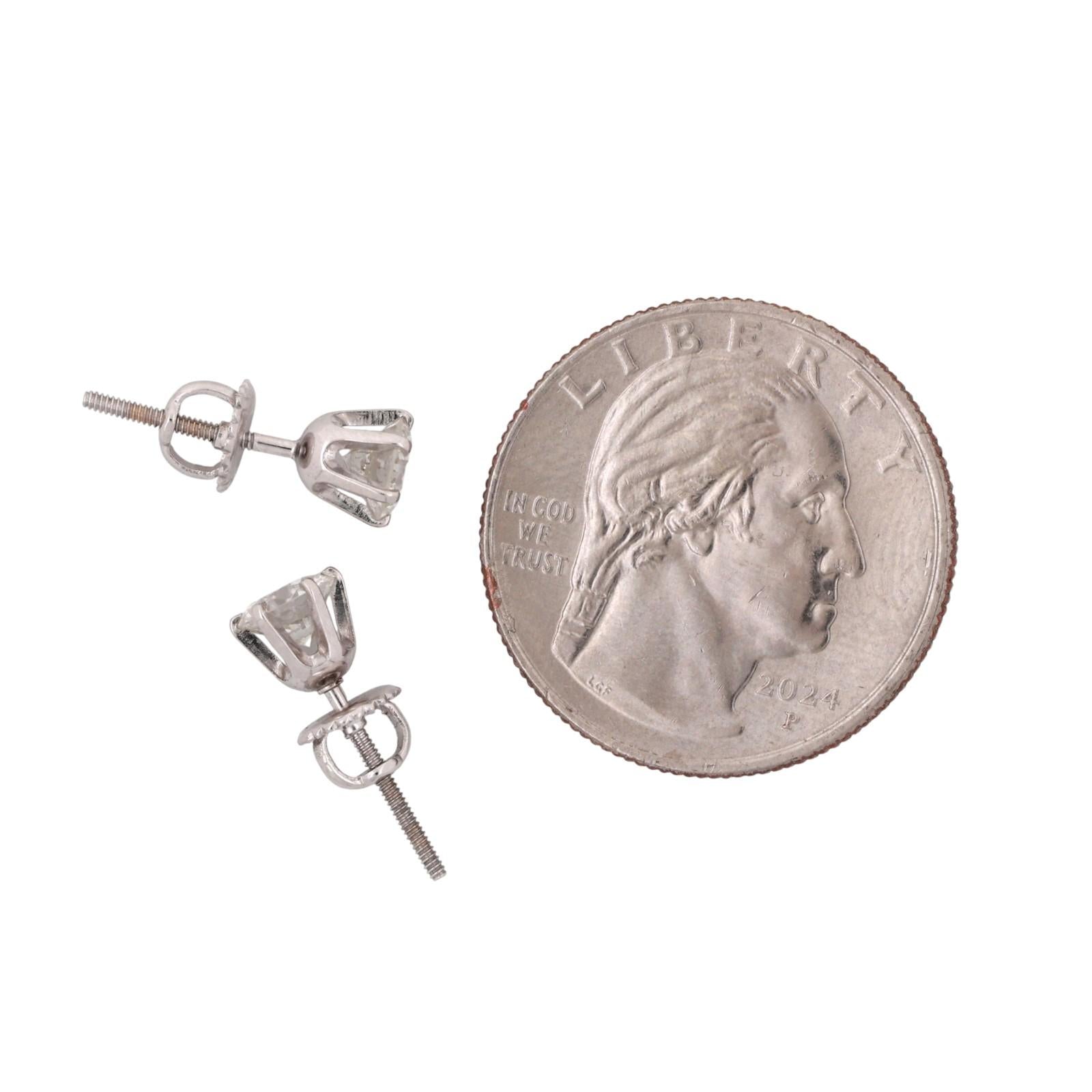 1.20 TW Round Diamond Stud Earrings 14K White Gold Screw Backs Unisex Estate