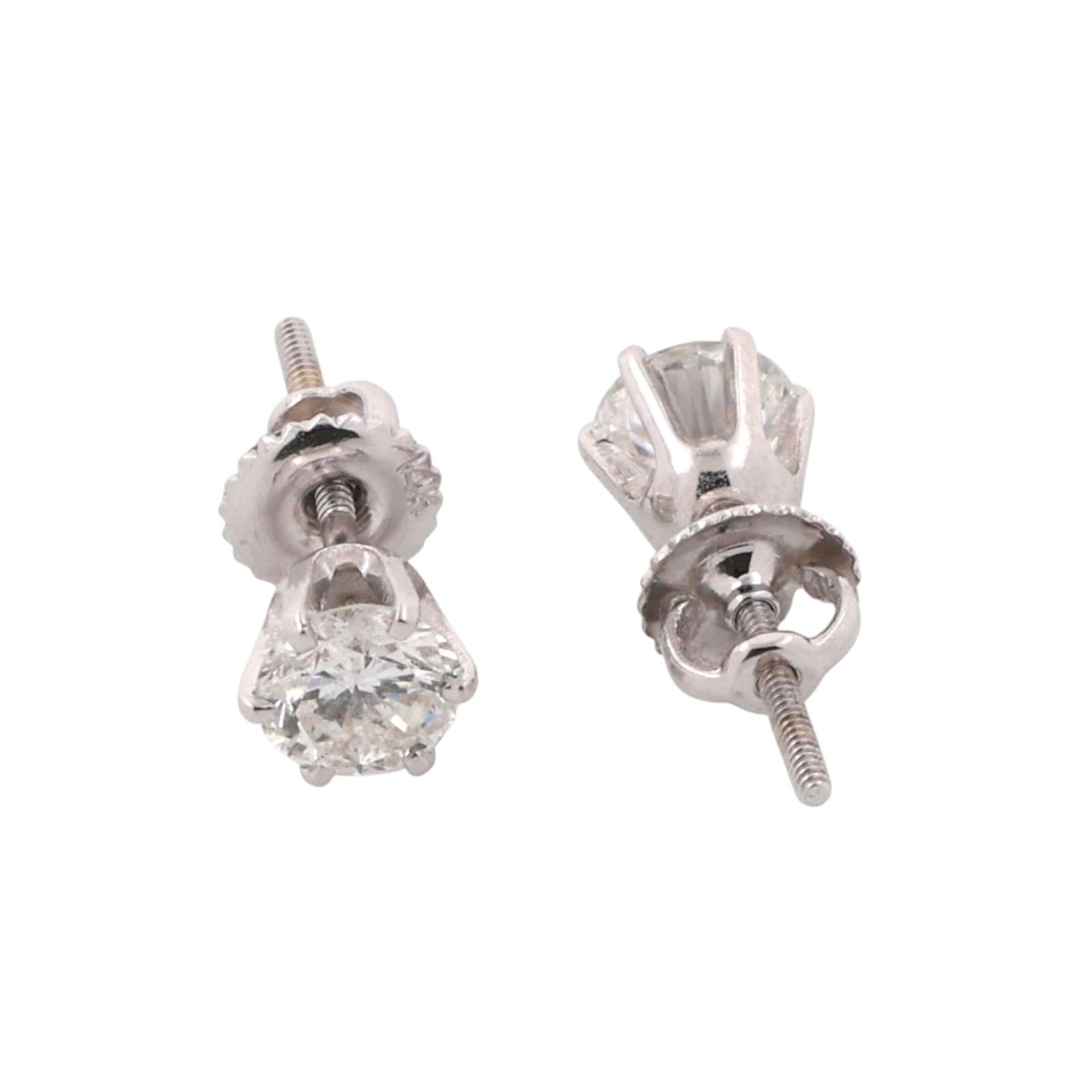 1.20 TW Round Diamond Stud Earrings 14K White Gold Screw Backs Unisex Estate