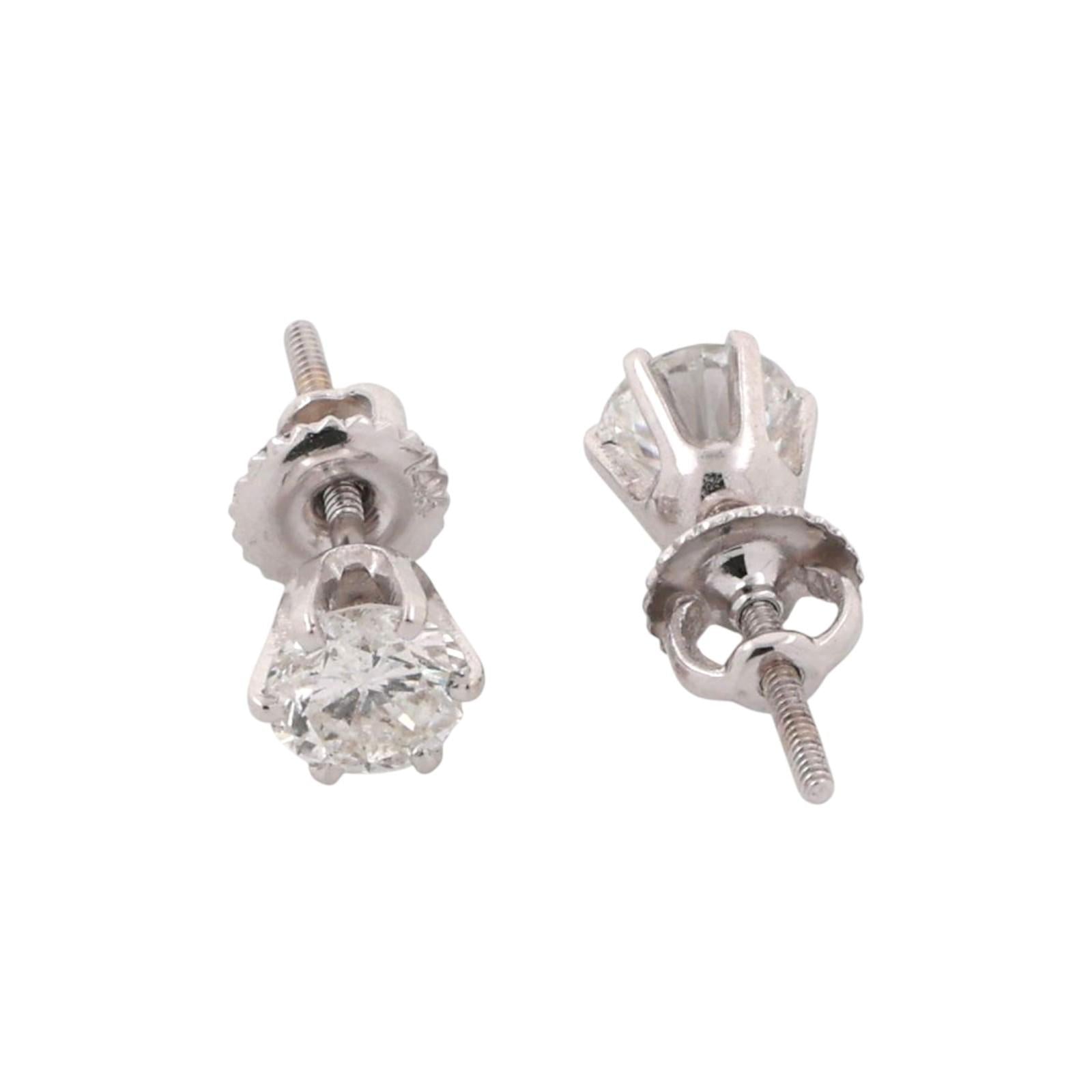 1.20 TW Round Diamond Stud Earrings 14K White Gold Screw Backs Unisex Estate