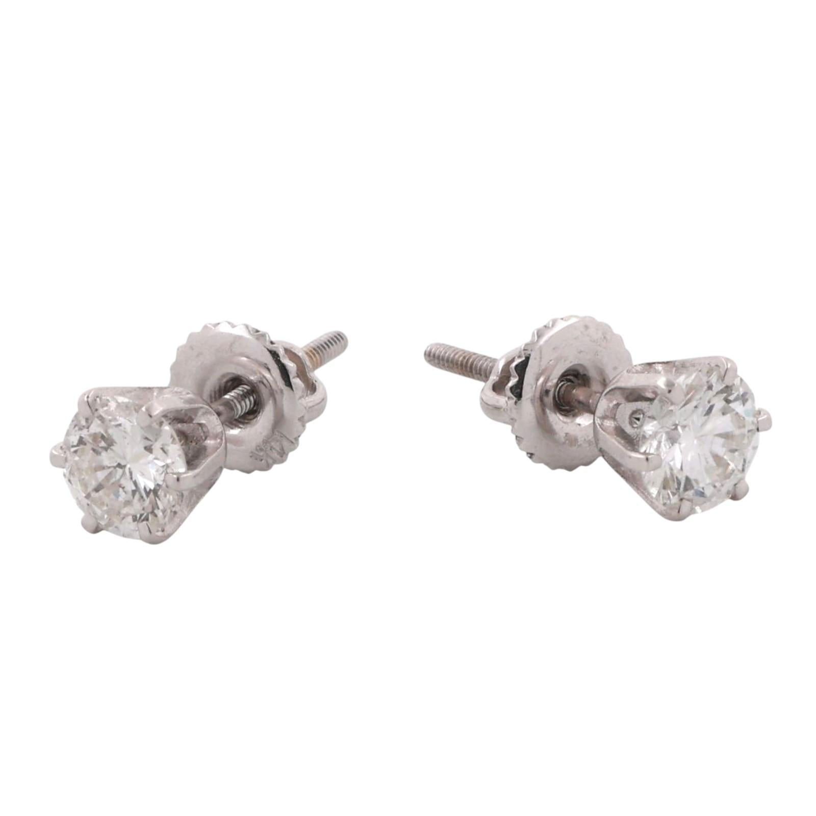 1.20 TW Round Diamond Stud Earrings 14K White Gold Screw Backs Unisex Estate