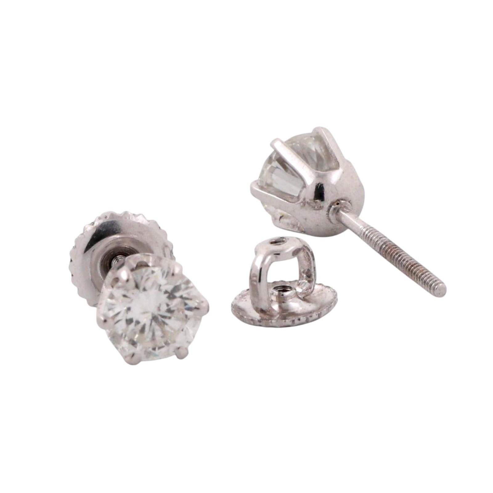 1.20 TW Round Diamond Stud Earrings 14K White Gold Screw Backs Unisex Estate