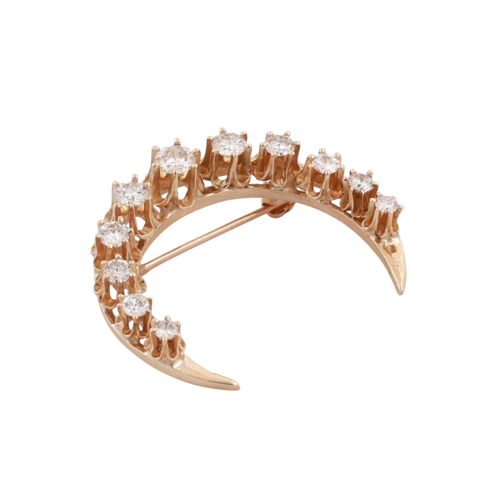 Vintage Diamond Crescent Moon Brooch Pin Yellow Gold 1.25 TW 1" Estate