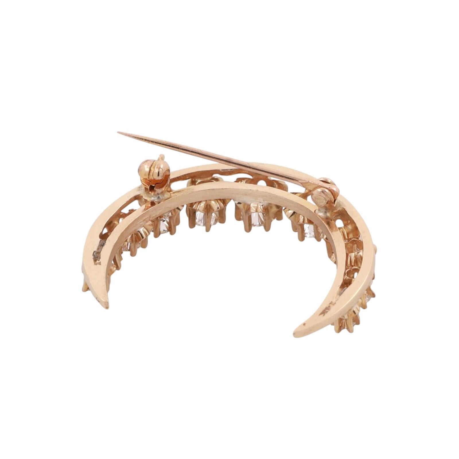 Vintage Diamond Crescent Moon Brooch Pin Yellow Gold 1.25 TW 1" Estate