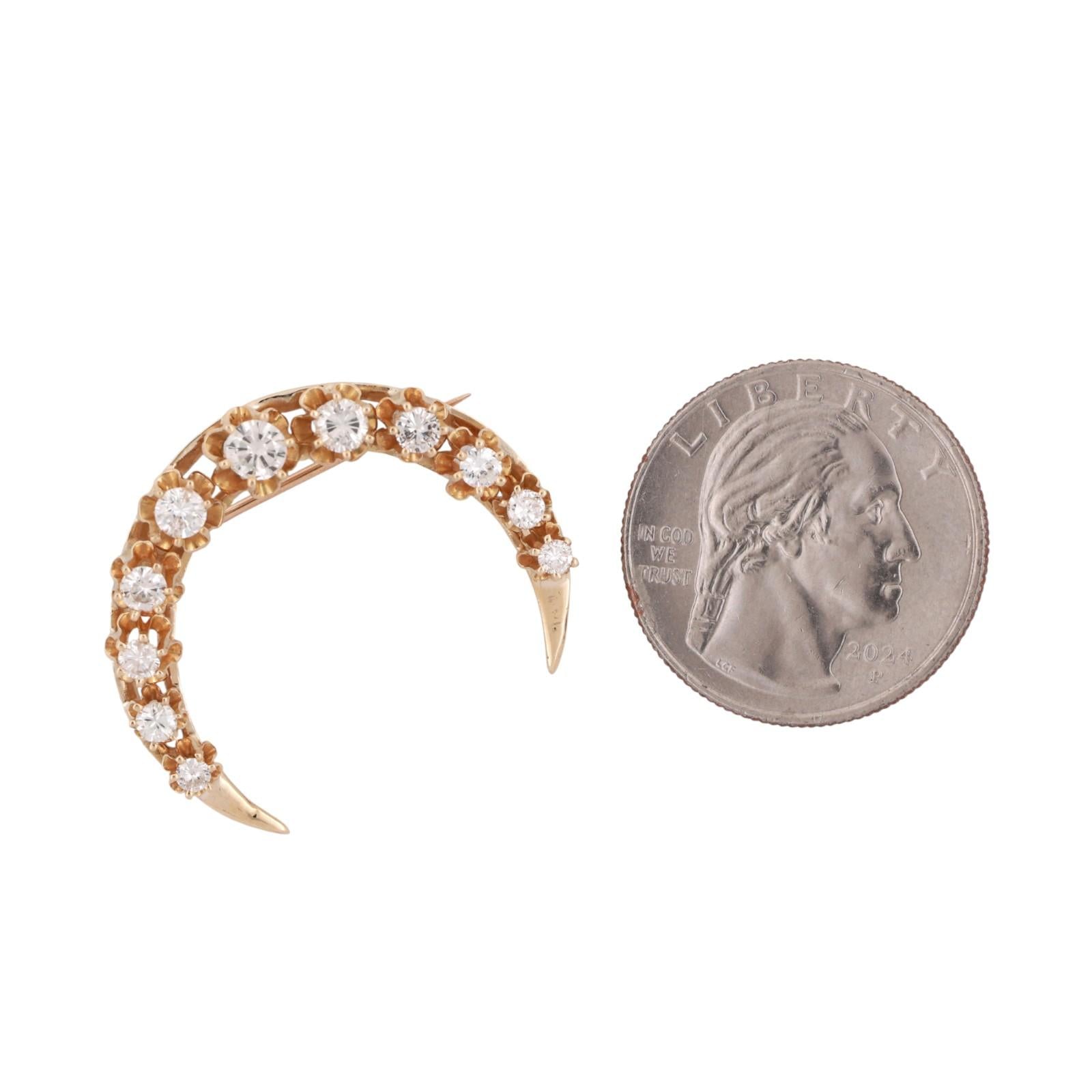 Vintage Diamond Crescent Moon Brooch Pin Yellow Gold 1.25 TW 1" Estate