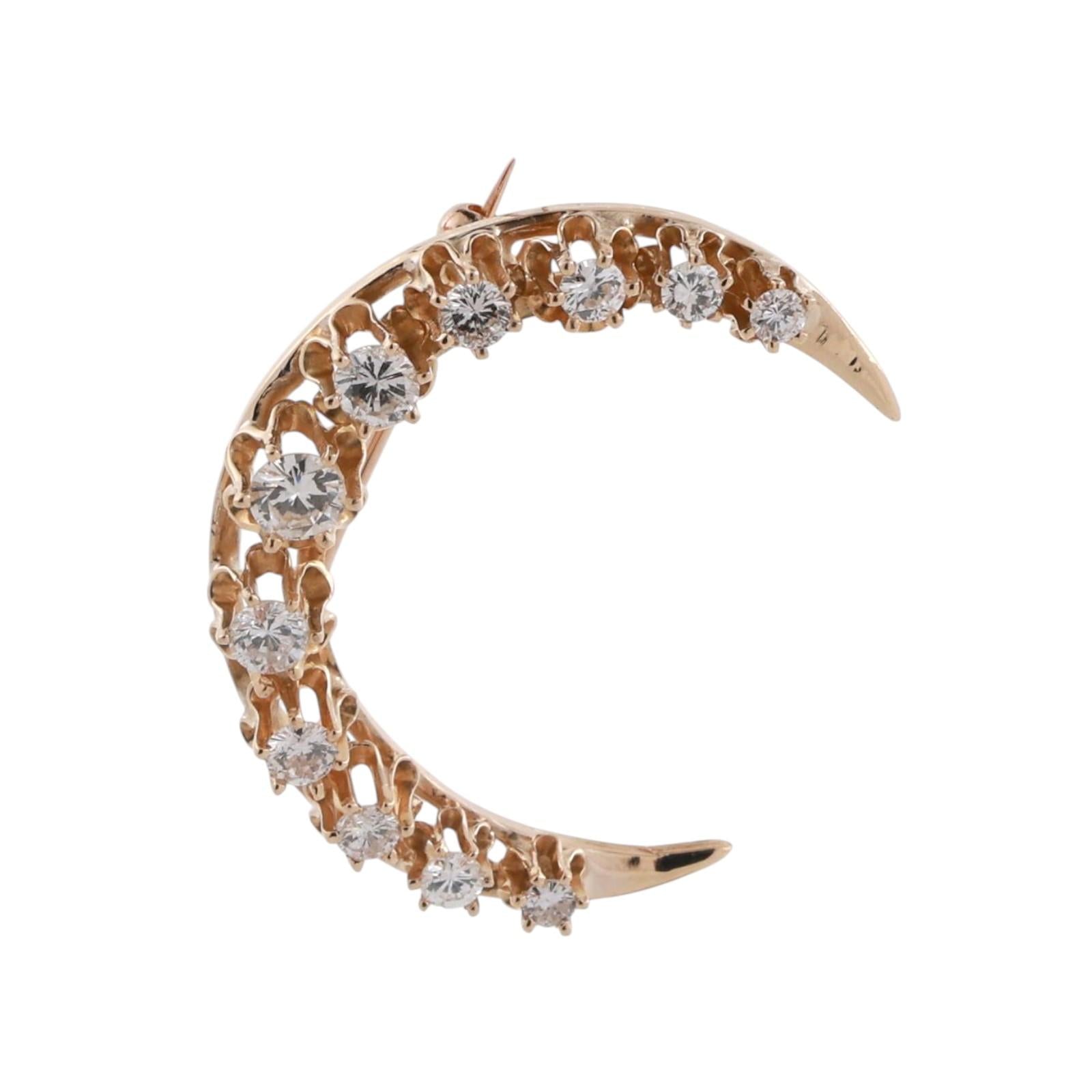 Vintage Diamond Crescent Moon Brooch Pin Yellow Gold 1.25 TW 1" Estate