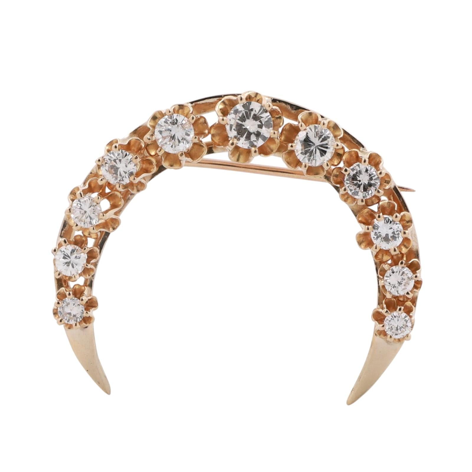 Vintage Diamond Crescent Moon Brooch Pin Yellow Gold 1.25 TW 1" Estate