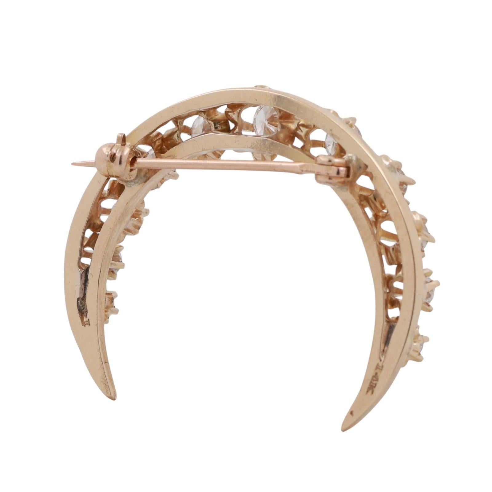 Vintage Diamond Crescent Moon Brooch Pin Yellow Gold 1.25 TW 1" Estate