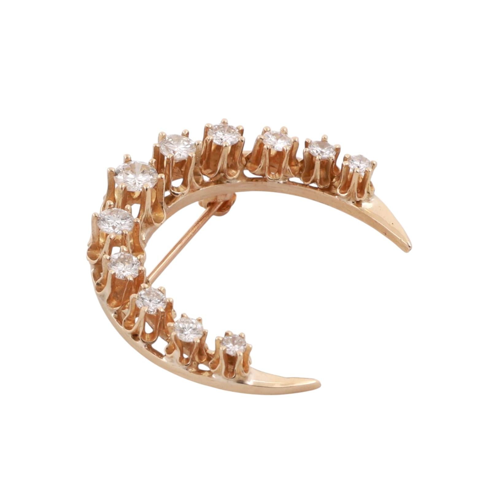 Vintage Diamond Crescent Moon Brooch Pin Yellow Gold 1.25 TW 1" Estate