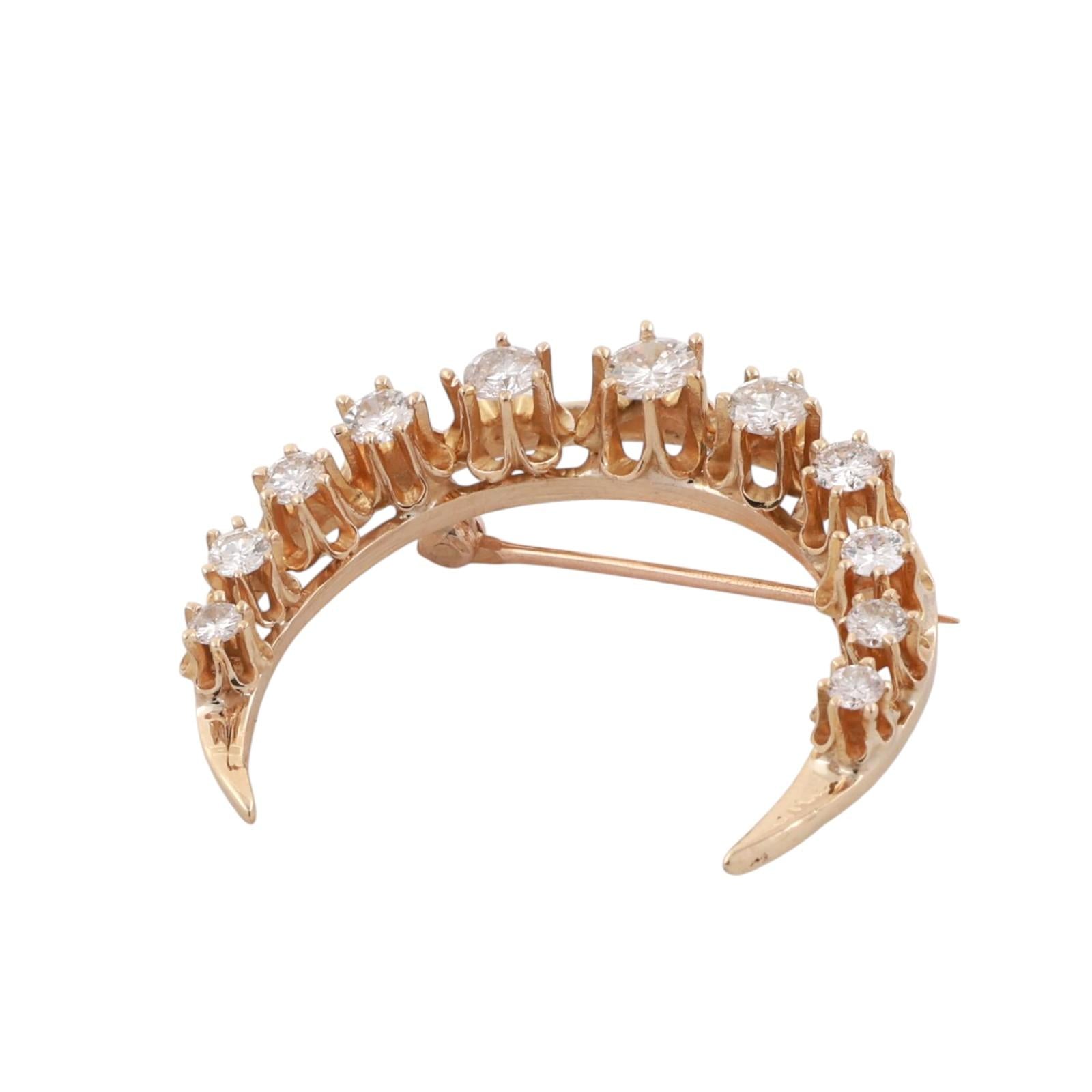 Vintage Diamond Crescent Moon Brooch Pin Yellow Gold 1.25 TW 1" Estate