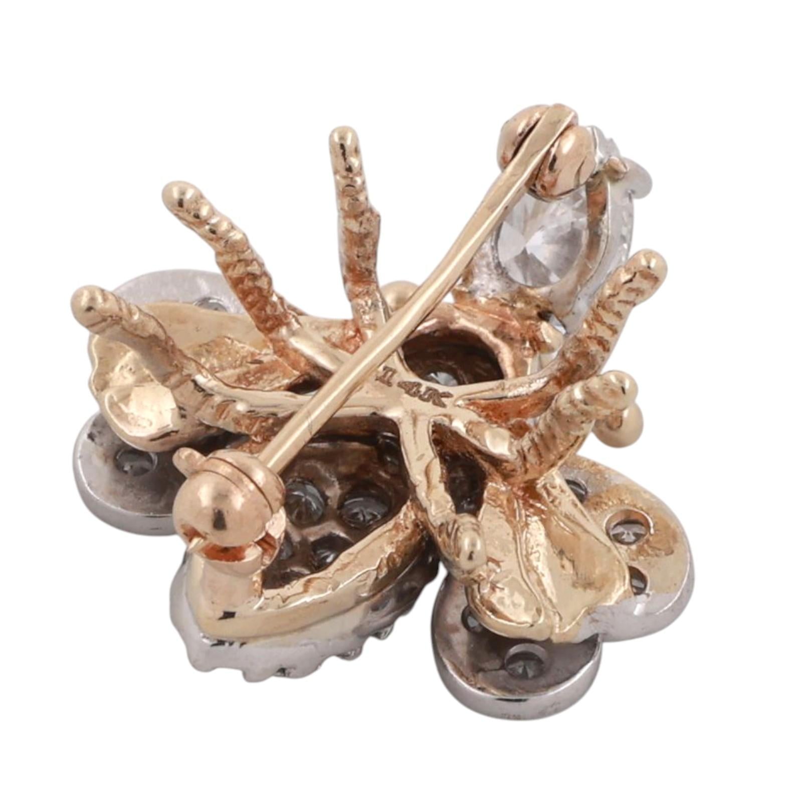 Vintage Cluster Diamond Bee Brooch Pin Two-Tone Gold 1.75 TW 0.78" Estate