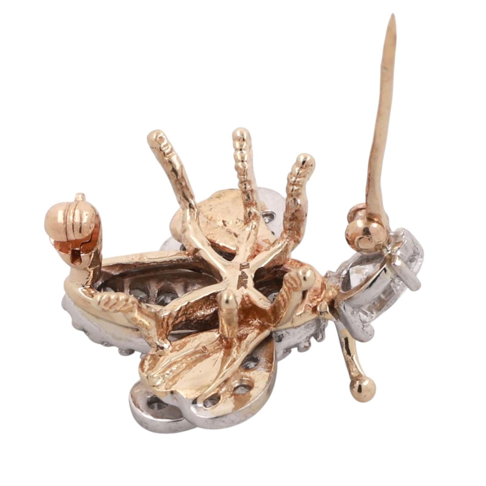 Vintage Cluster Diamond Bee Brooch Pin Two-Tone Gold 1.75 TW 0.78" Estate