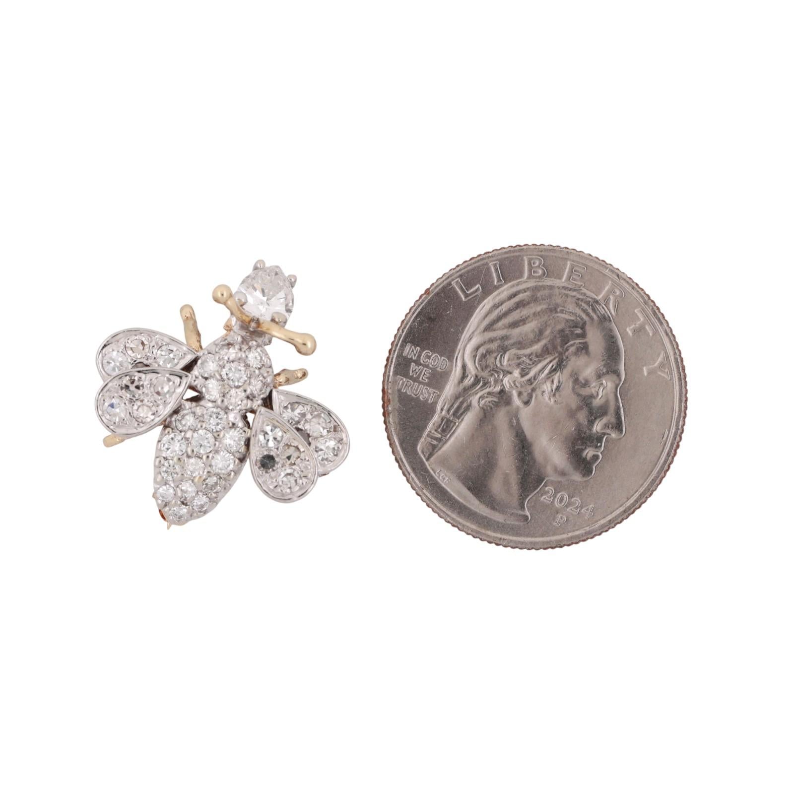 Vintage Cluster Diamond Bee Brooch Pin Two-Tone Gold 1.75 TW 0.78" Estate