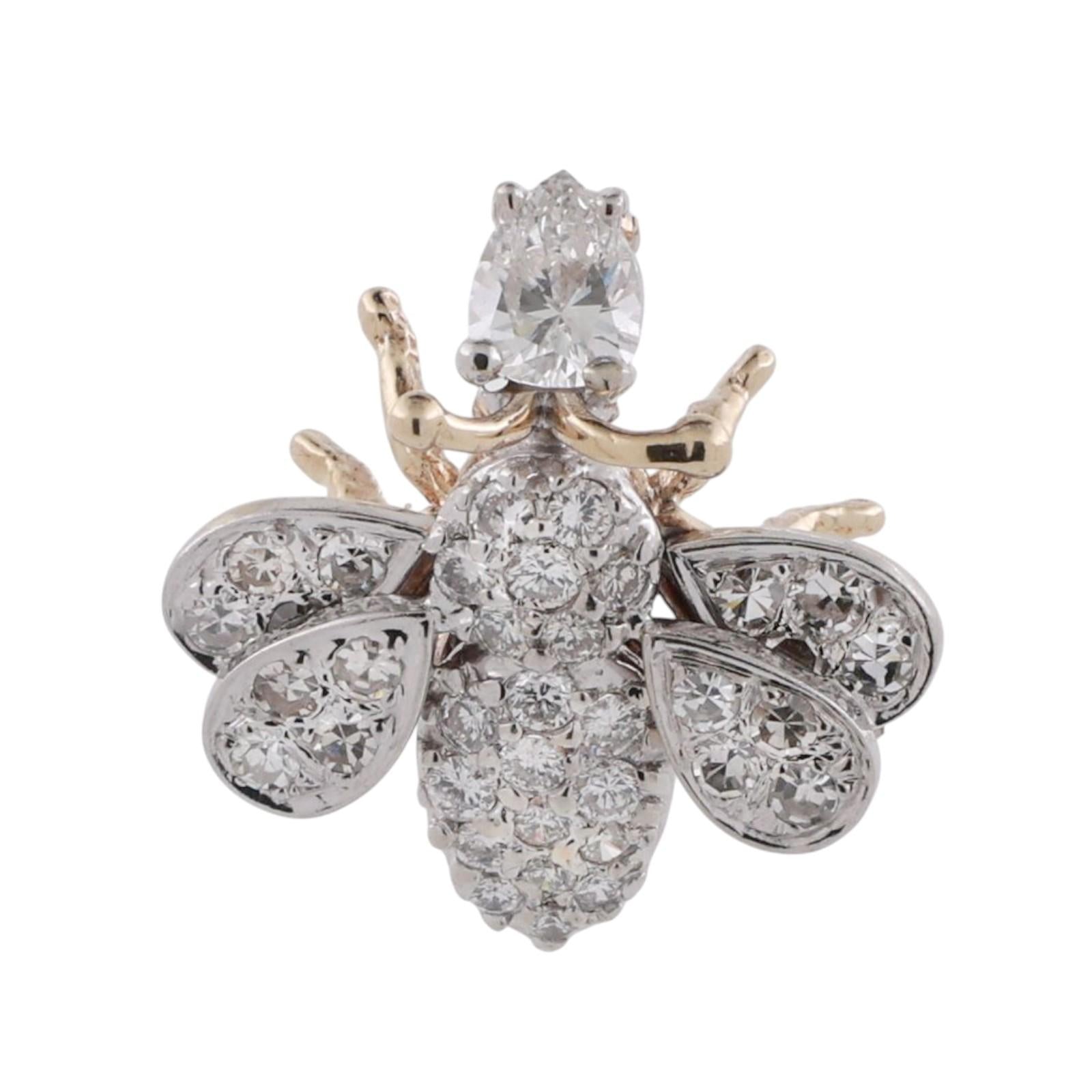 Vintage Cluster Diamond Bee Brooch Pin Two-Tone Gold 1.75 TW 0.78" Estate