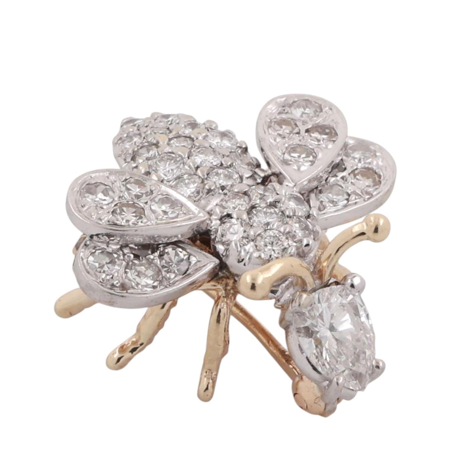 Vintage Cluster Diamond Bee Brooch Pin Two-Tone Gold 1.75 TW 0.78" Estate