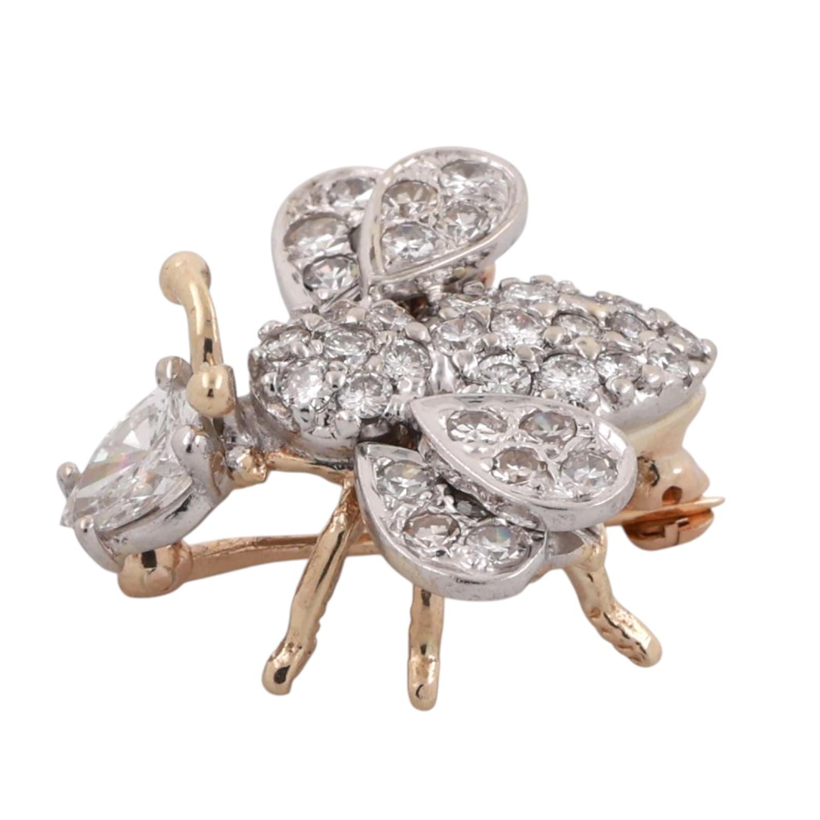 Vintage Cluster Diamond Bee Brooch Pin Two-Tone Gold 1.75 TW 0.78" Estate