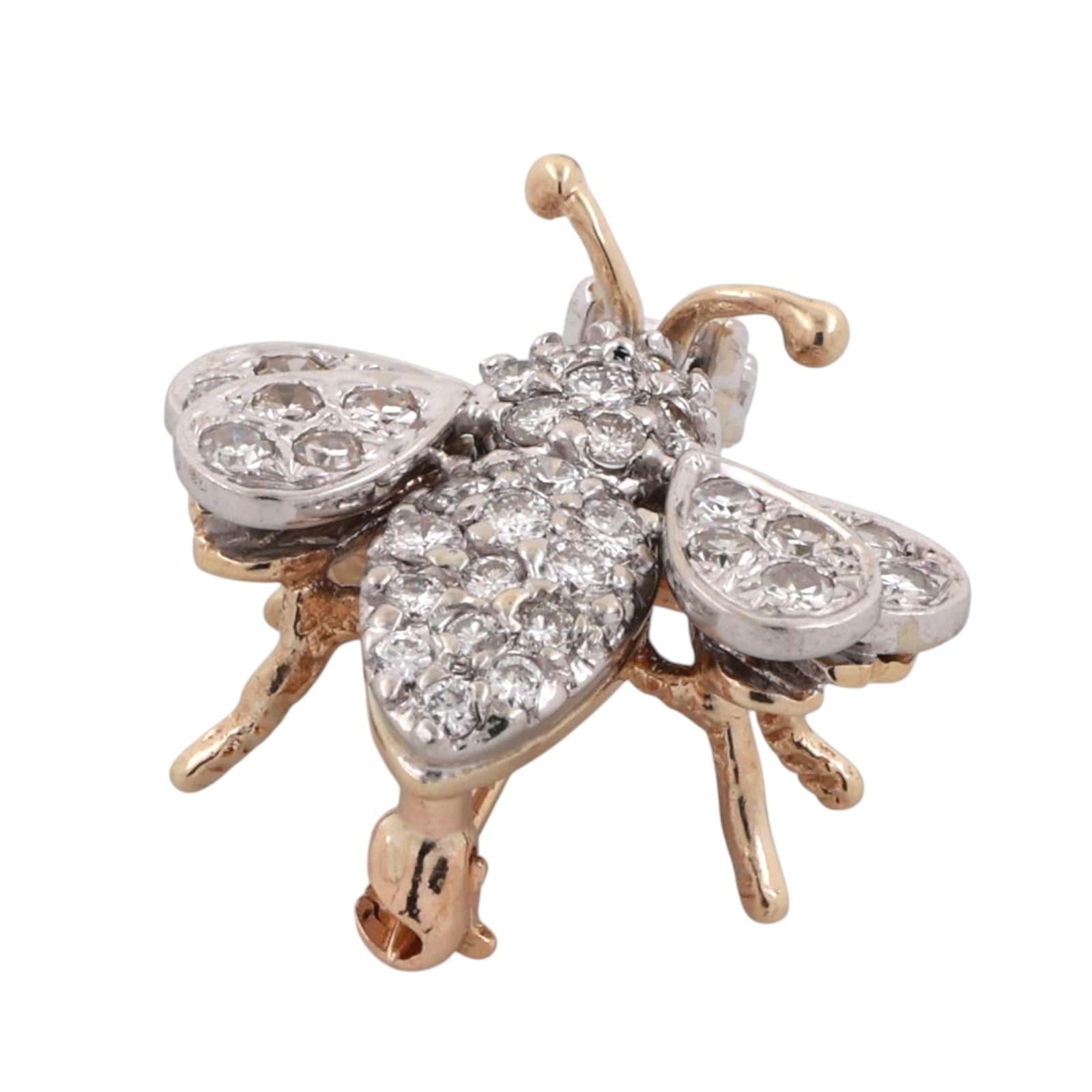 Vintage Cluster Diamond Bee Brooch Pin Two-Tone Gold 1.75 TW 0.78" Estate