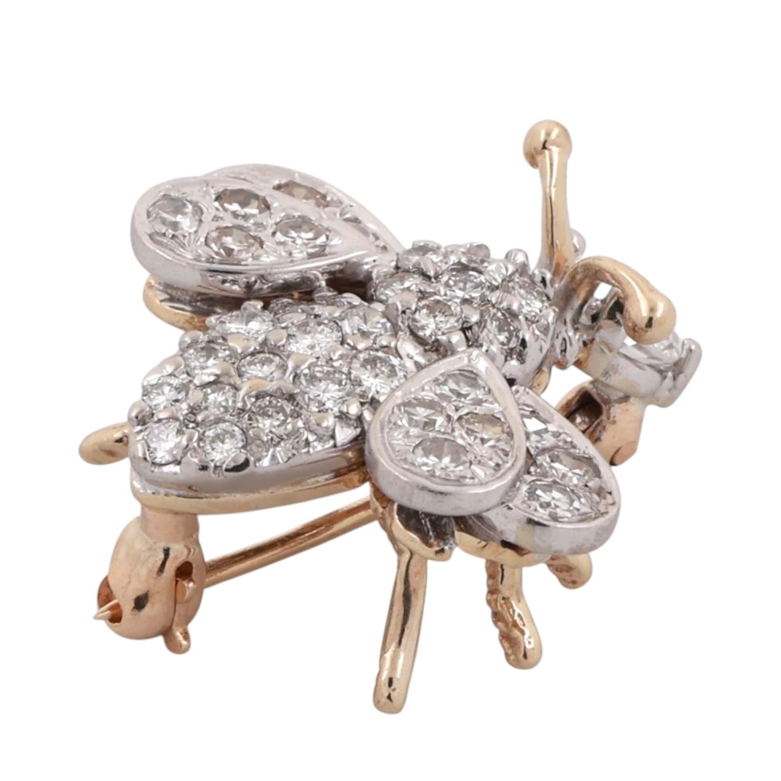 Vintage Cluster Diamond Bee Brooch Pin Two-Tone Gold 1.75 TW 0.78" Estate