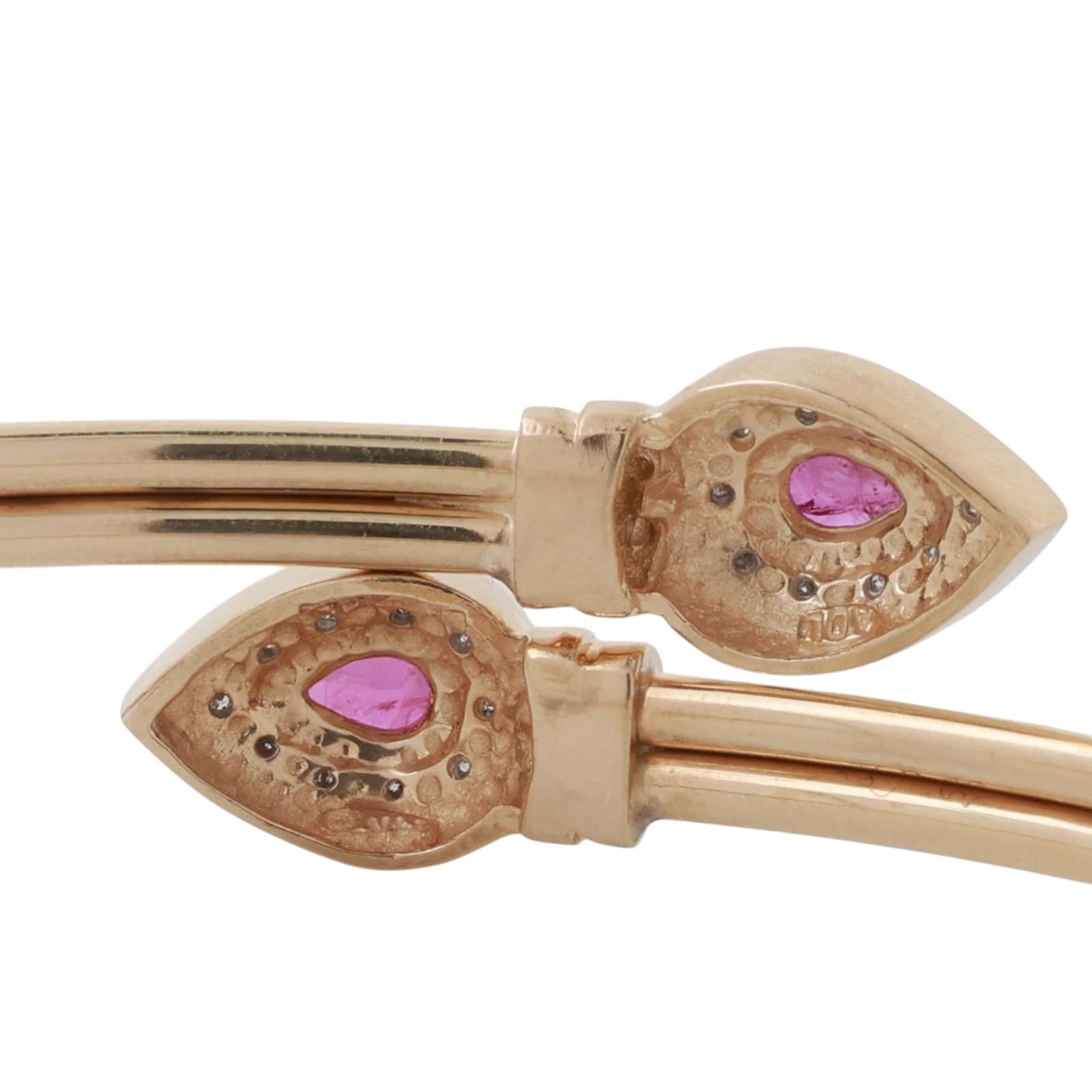 0.70 CTW Ruby Diamond Bypass Bangle Bracelet 14K Gold 6.5" Ladies Vintage Estate