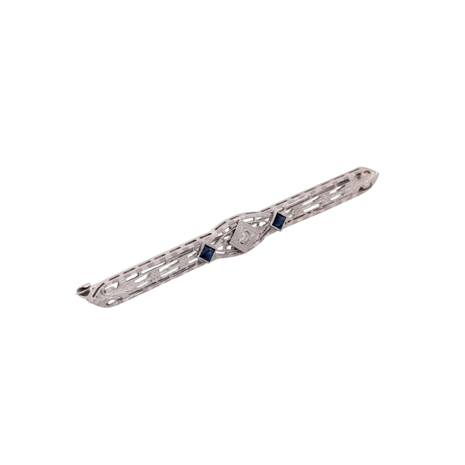 Art Deco Diamond Sapphire Filigree Brooch Pin Gold Platinum Lab Grown 2.45"