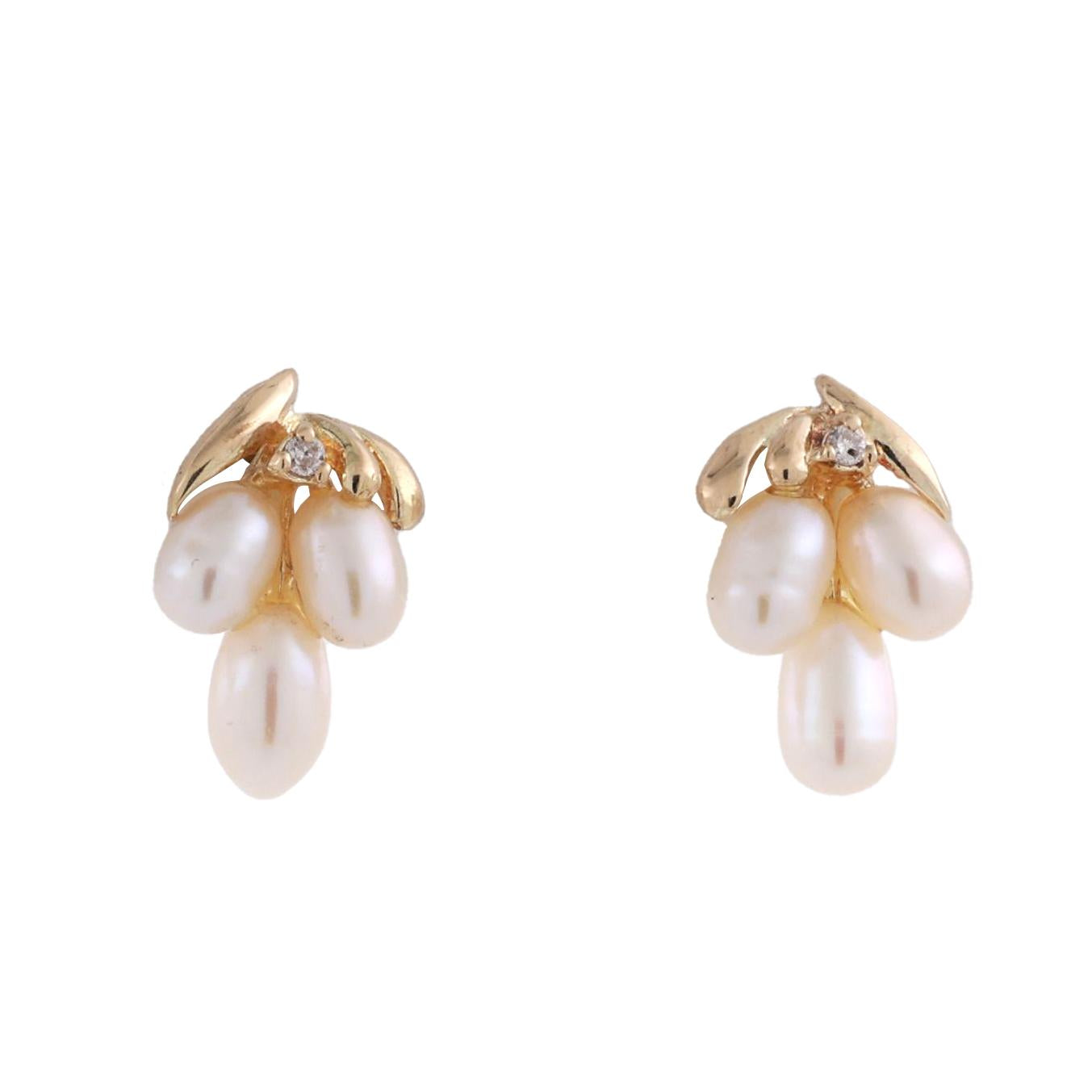 Cultured Freshwater Pearl Diamond Stud Drop Earrings 14K Yellow Gold 0.43"
