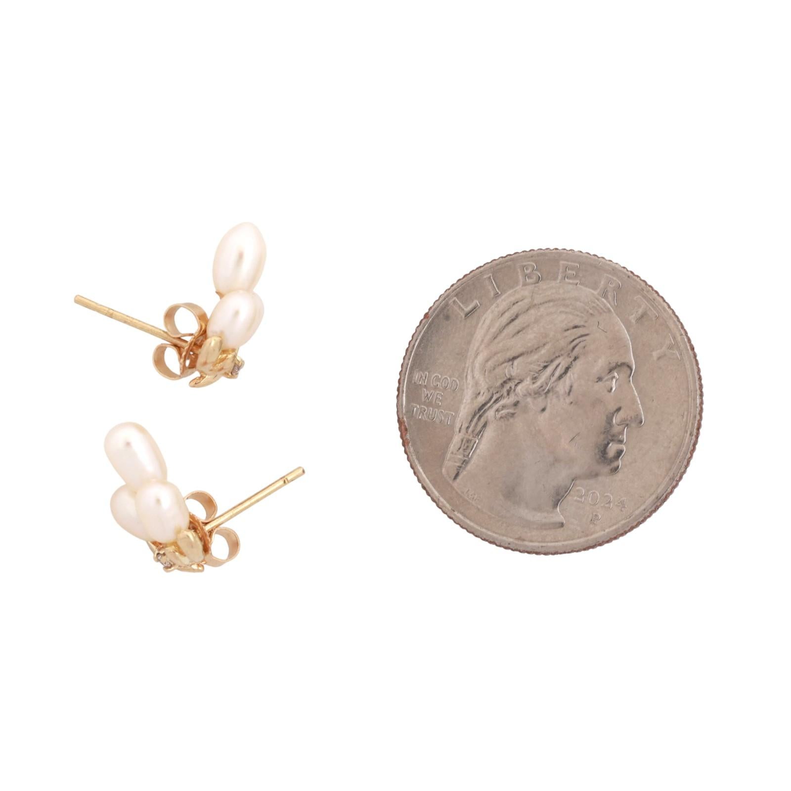 Cultured Freshwater Pearl Diamond Stud Drop Earrings 14K Yellow Gold 0.43"