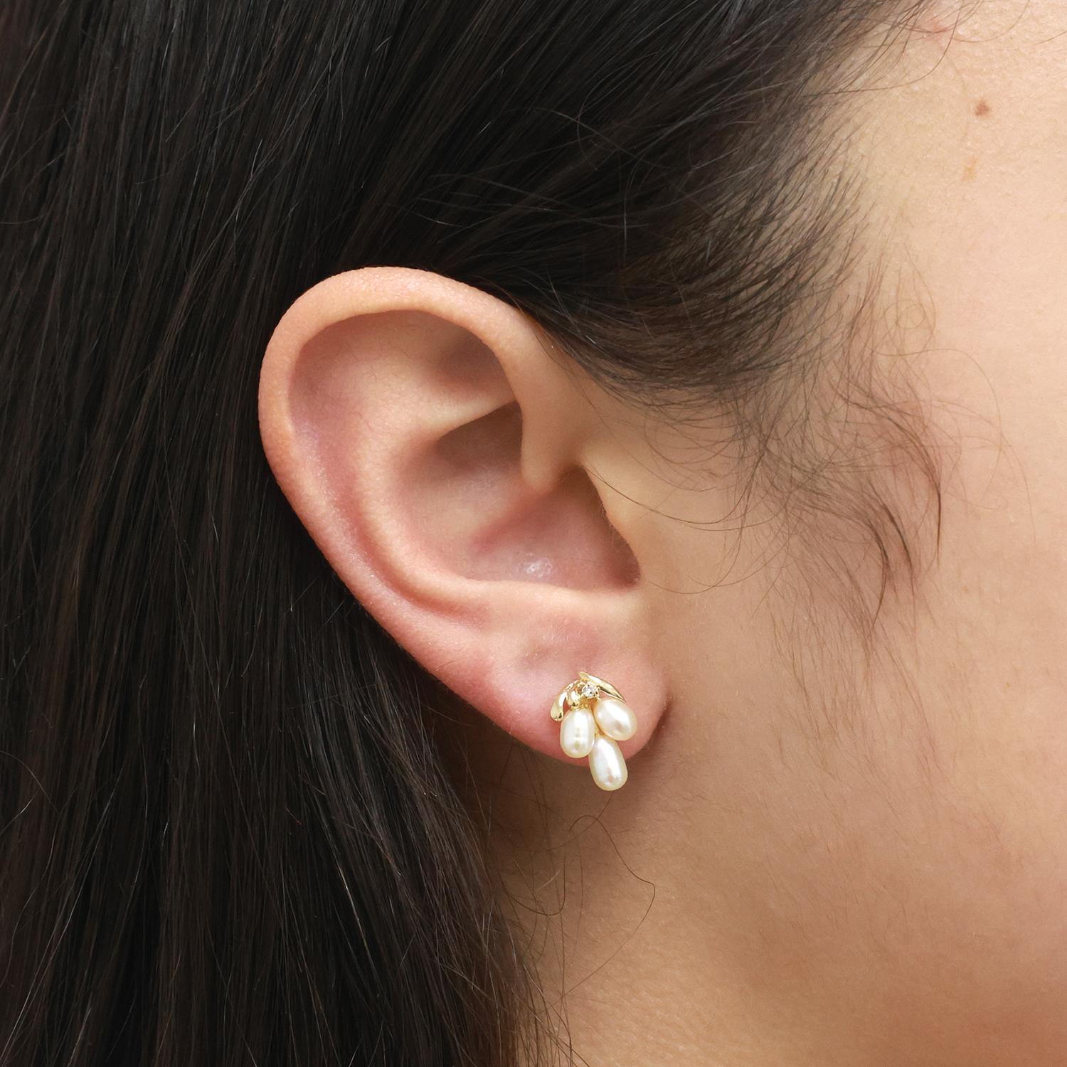 Cultured Freshwater Pearl Diamond Stud Drop Earrings 14K Yellow Gold 0.43"