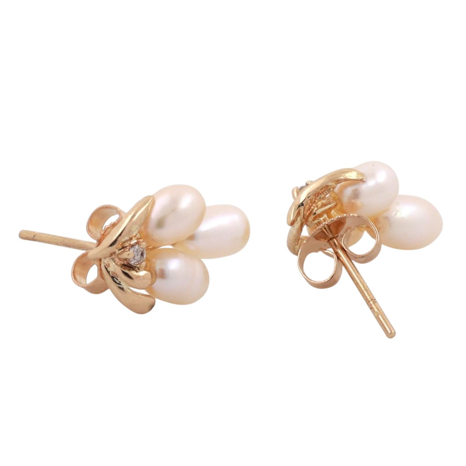 Cultured Freshwater Pearl Diamond Stud Drop Earrings 14K Yellow Gold 0.43"