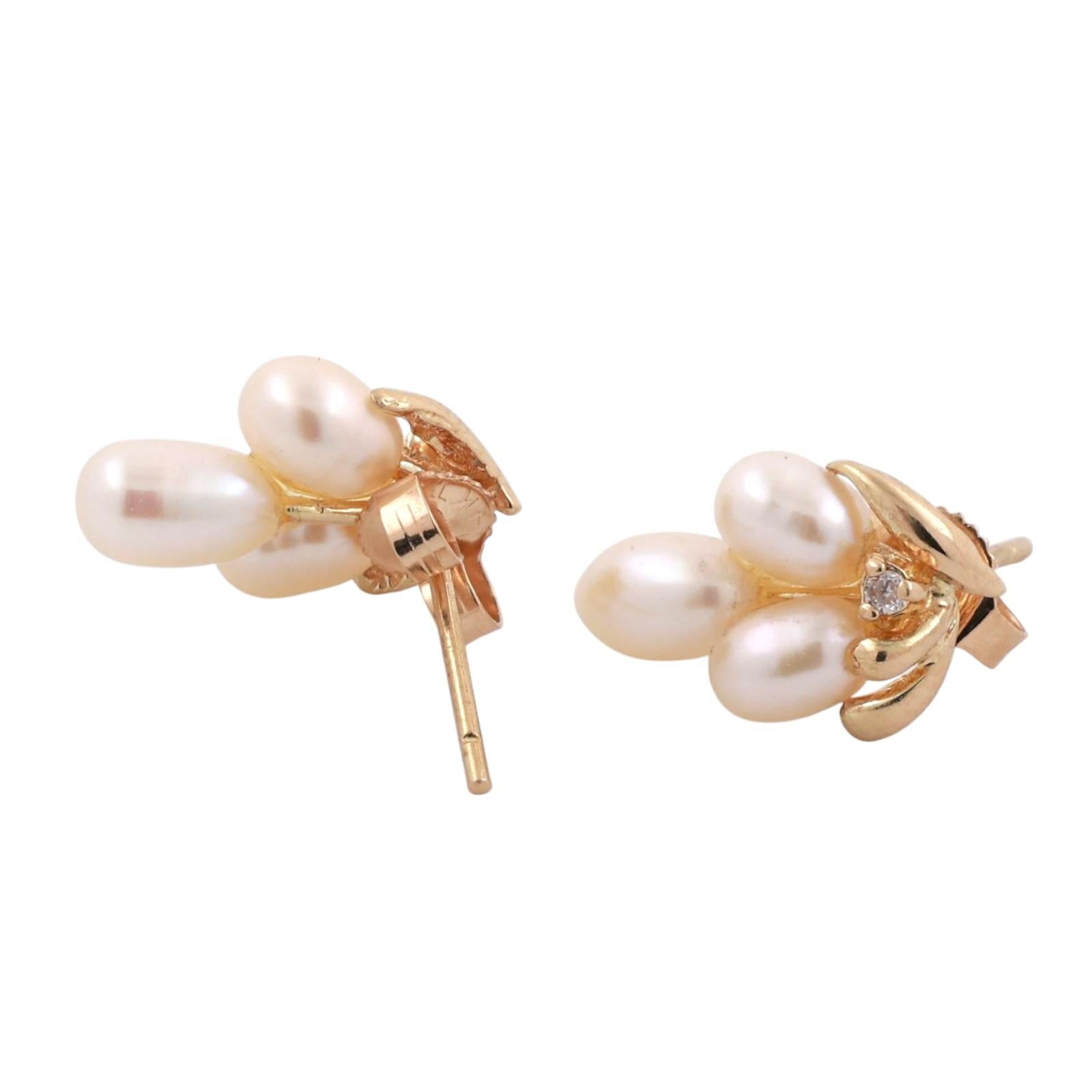 Cultured Freshwater Pearl Diamond Stud Drop Earrings 14K Yellow Gold 0.43"