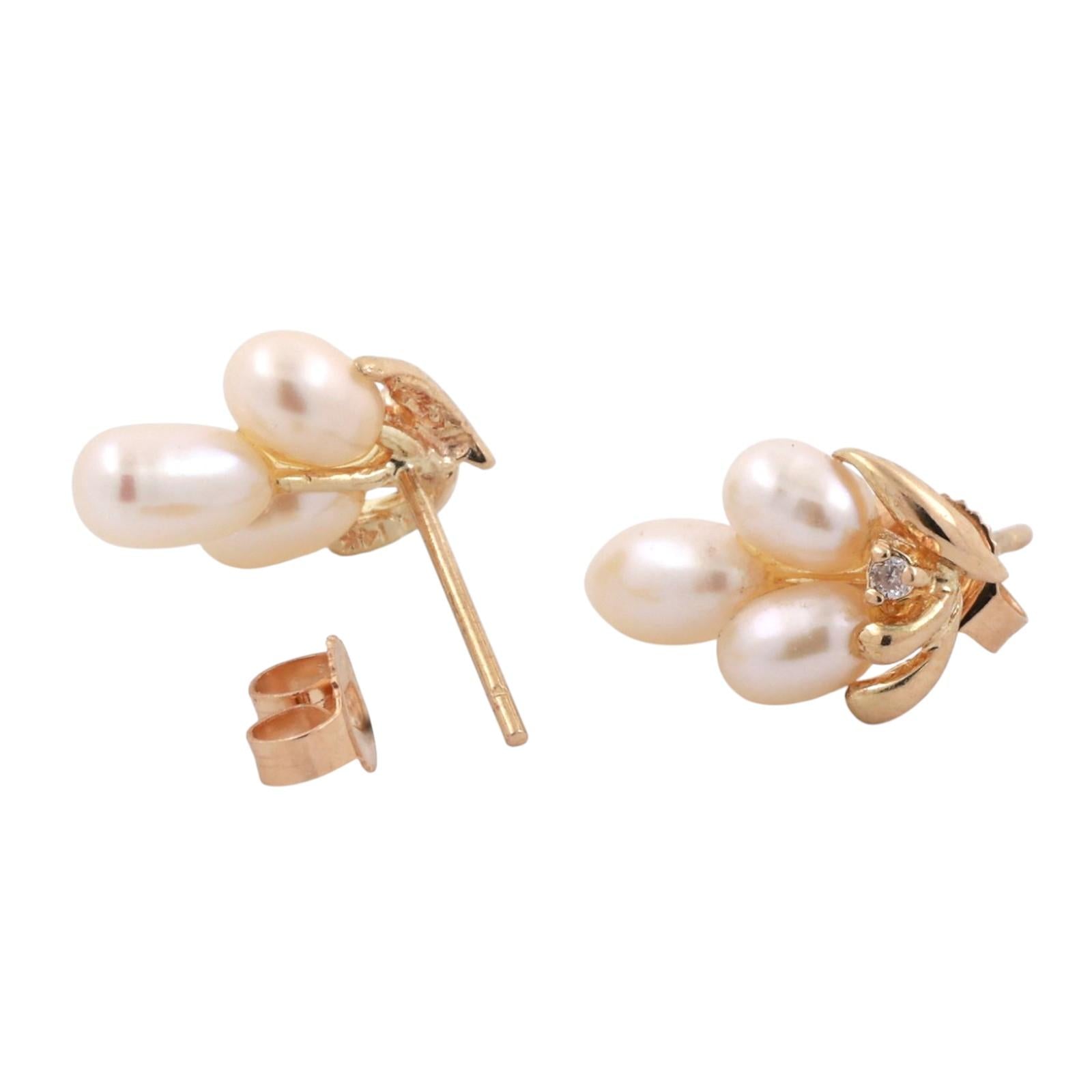 Cultured Freshwater Pearl Diamond Stud Drop Earrings 14K Yellow Gold 0.43"