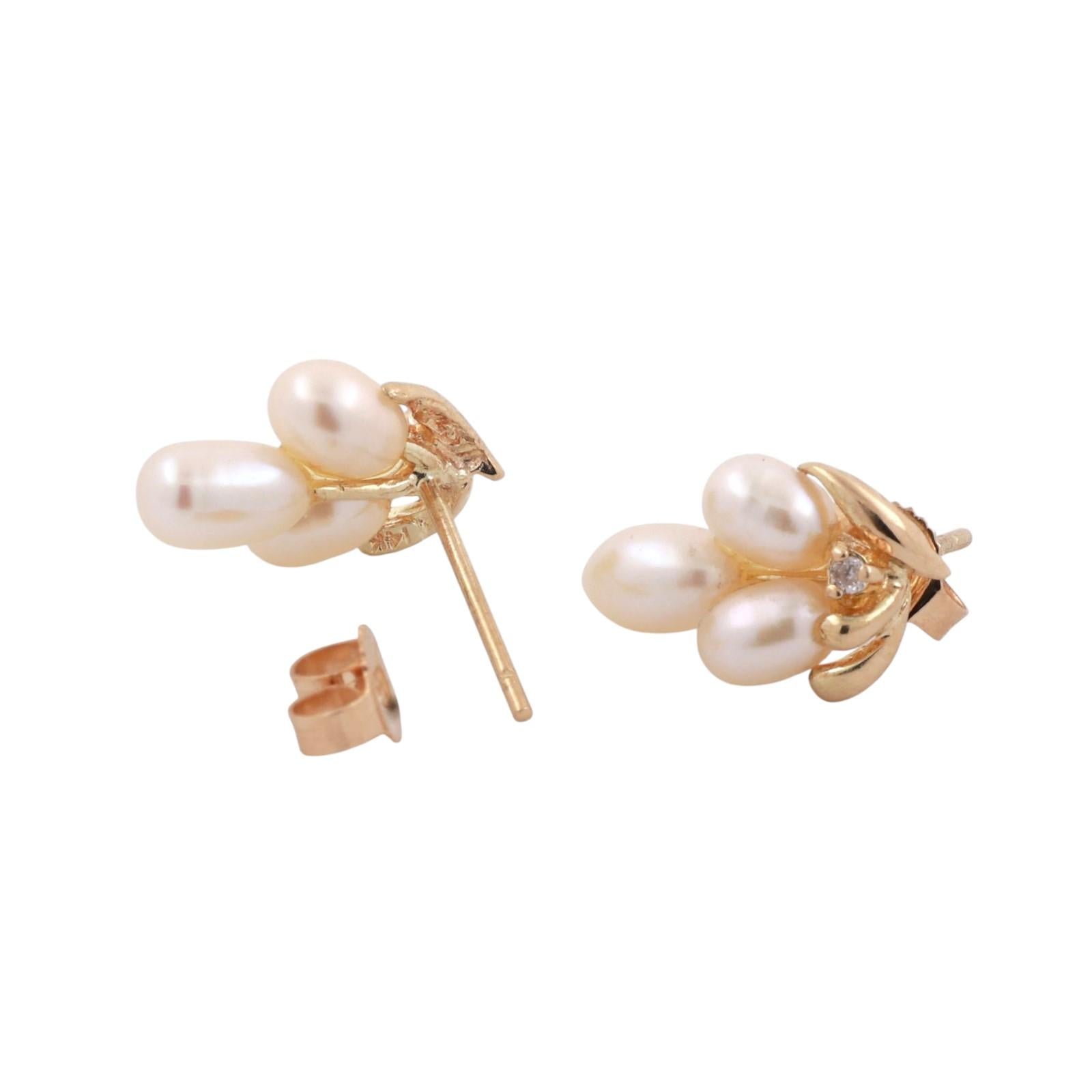 Cultured Freshwater Pearl Diamond Stud Drop Earrings 14K Yellow Gold 0.43"