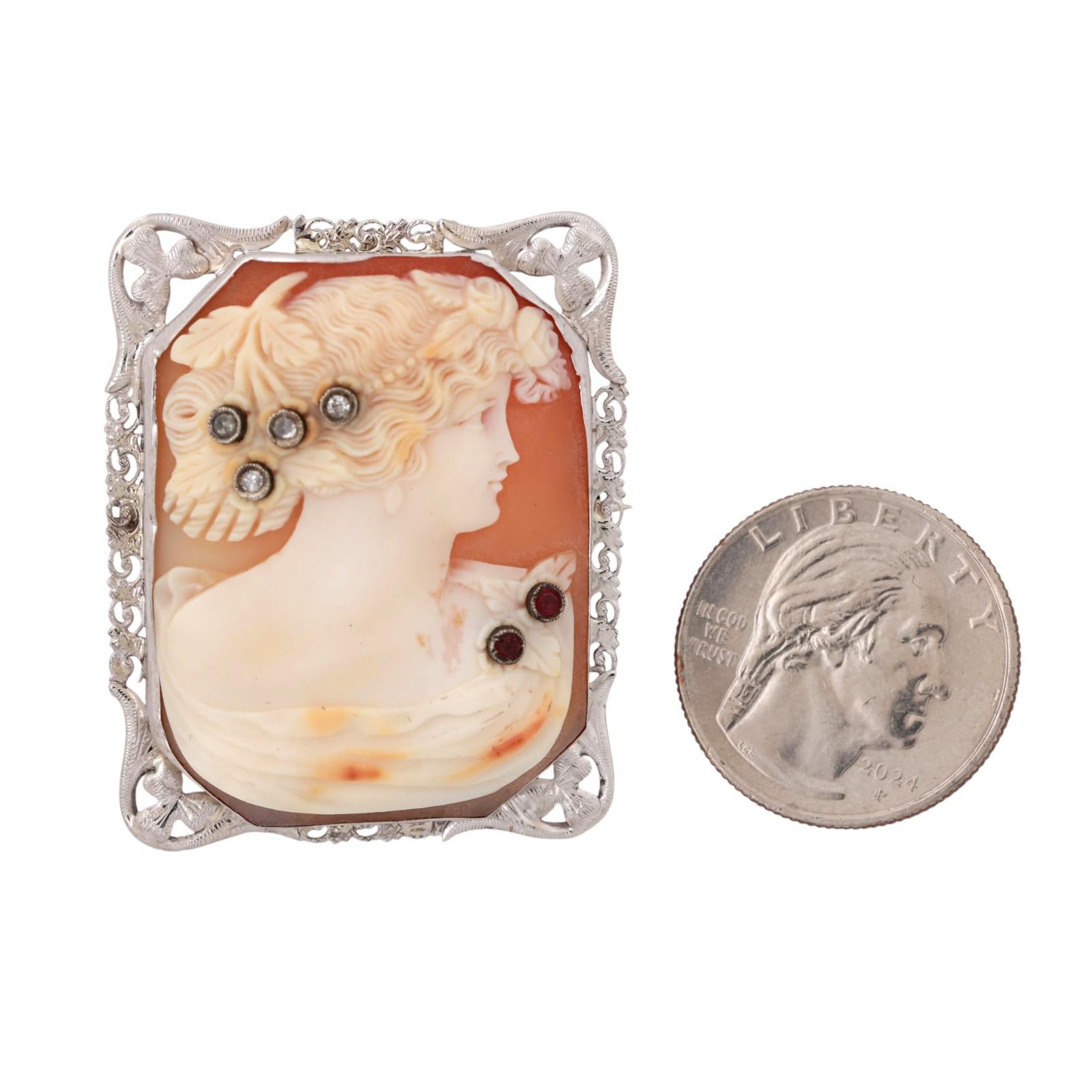 Cameo Pendant Brooch Pin Diamond Ruby Accent White Gold Frame 1.70" Vintage