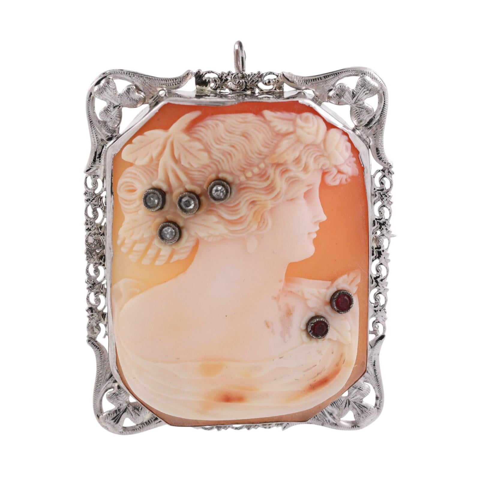 Cameo Pendant Brooch Pin Diamond Ruby Accent White Gold Frame 1.70" Vintage
