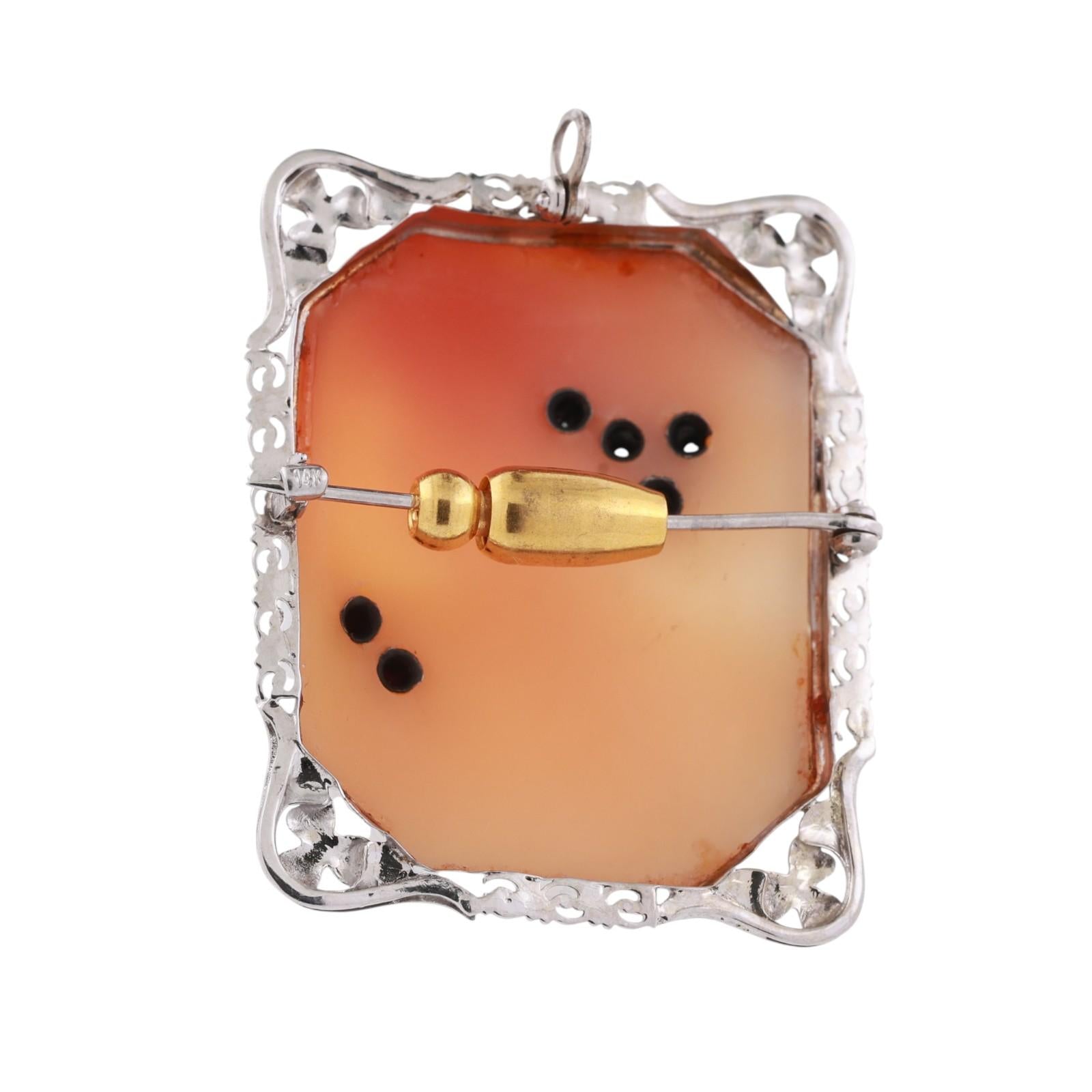 Cameo Pendant Brooch Pin Diamond Ruby Accent White Gold Frame 1.70" Vintage