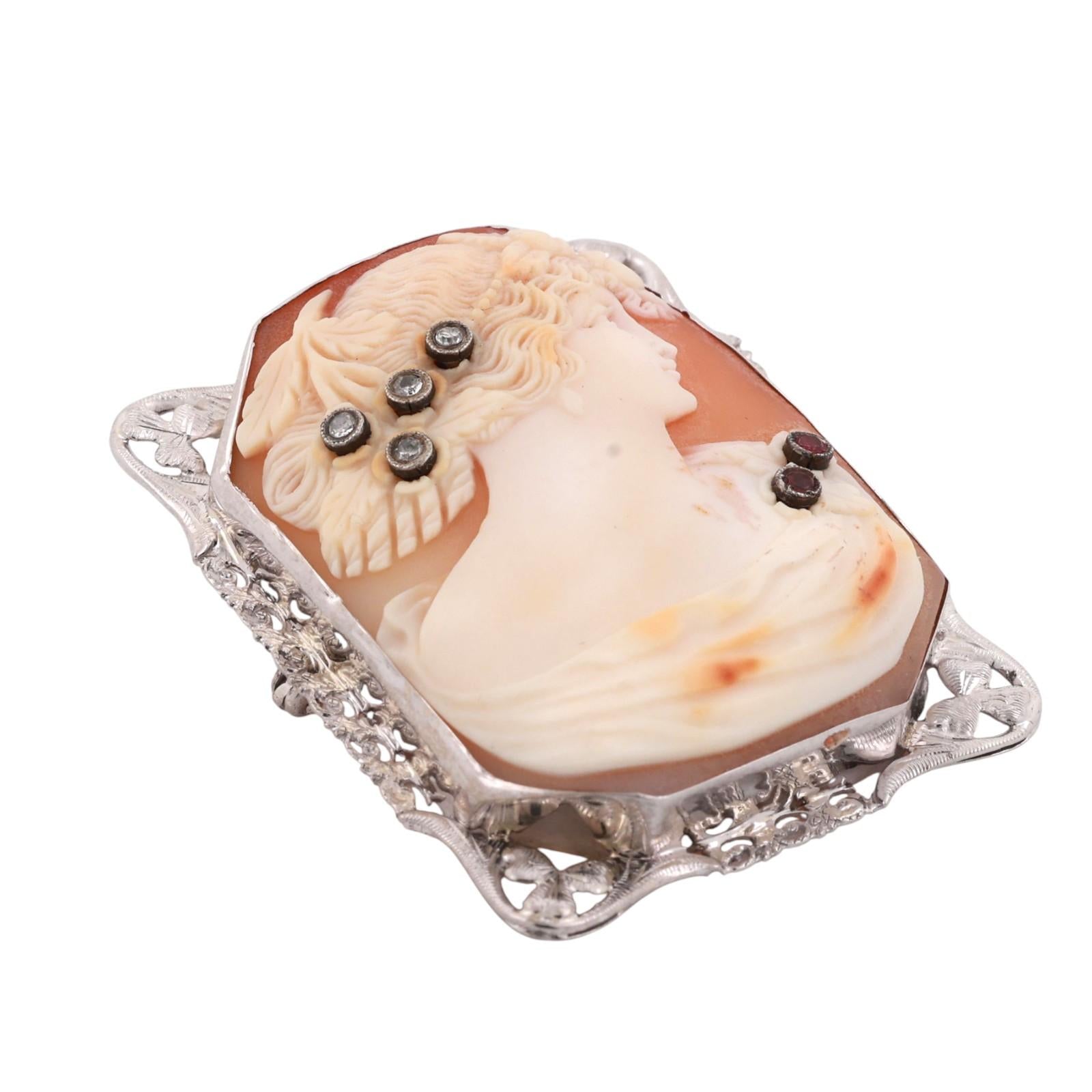Cameo Pendant Brooch Pin Diamond Ruby Accent White Gold Frame 1.70" Vintage