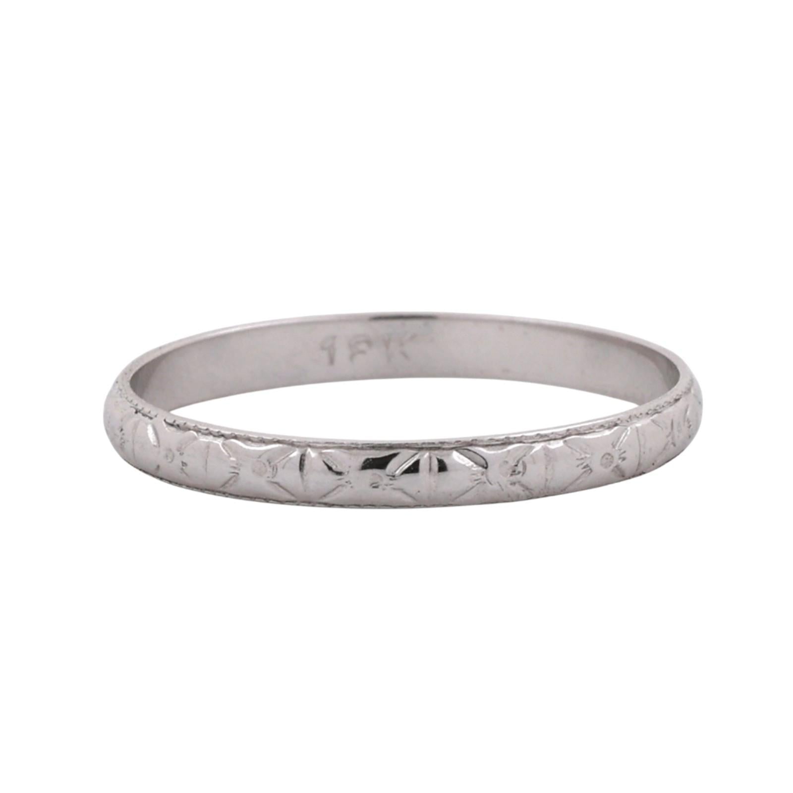 18K White Gold Wedding Anniversary Band Ring Etched Design Size 8.75 Estate
