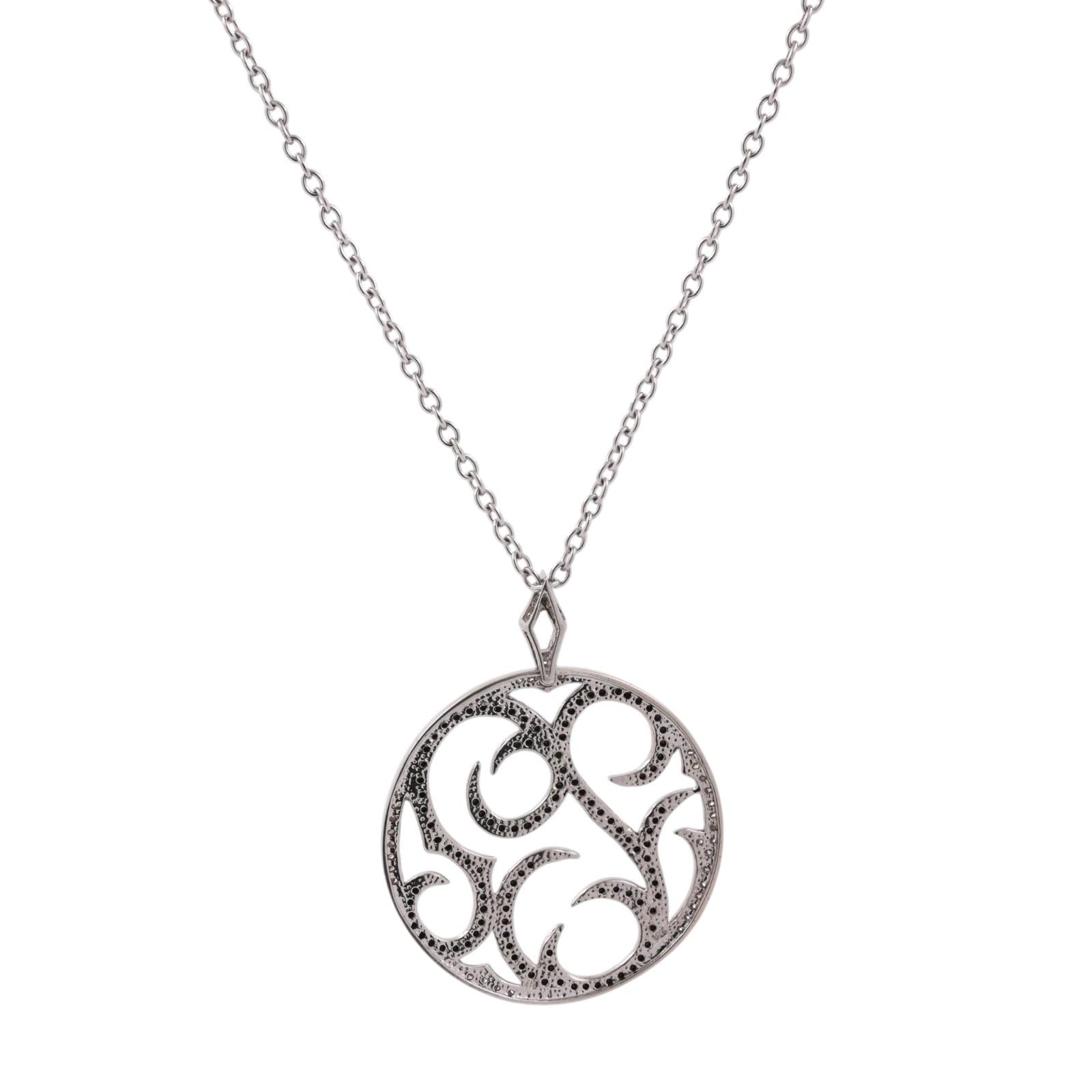 1.61 TW Black White Diamond Round Filigree Pendant Chain Necklace 14K Gold 16"