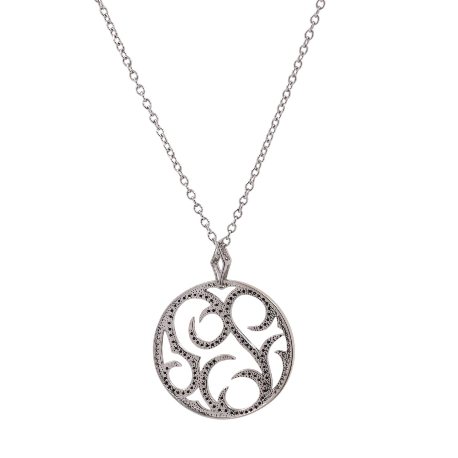 1.61 TW Black White Diamond Round Filigree Pendant Chain Necklace 14K Gold 16"