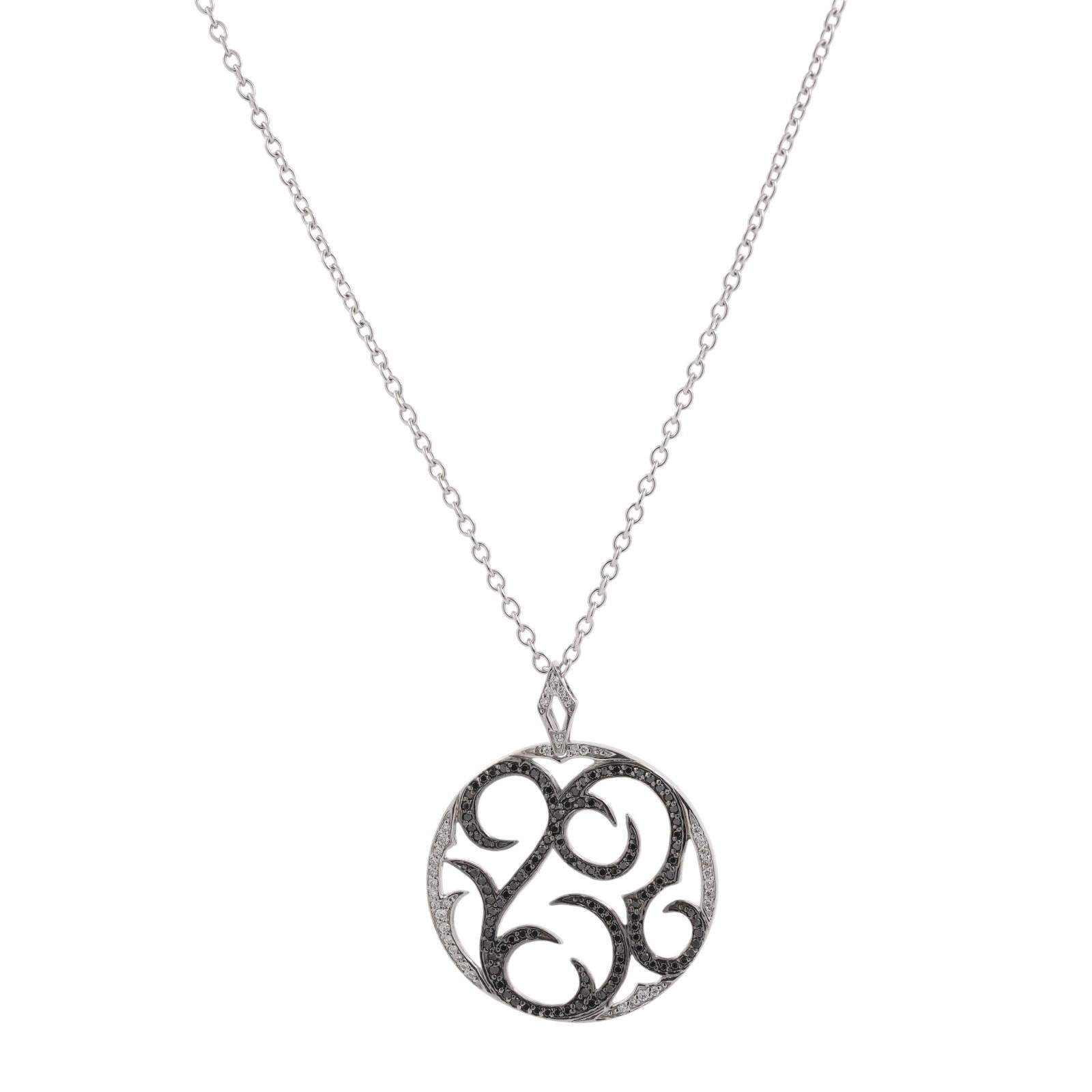 1.61 TW Black White Diamond Round Filigree Pendant Chain Necklace 14K Gold 16"