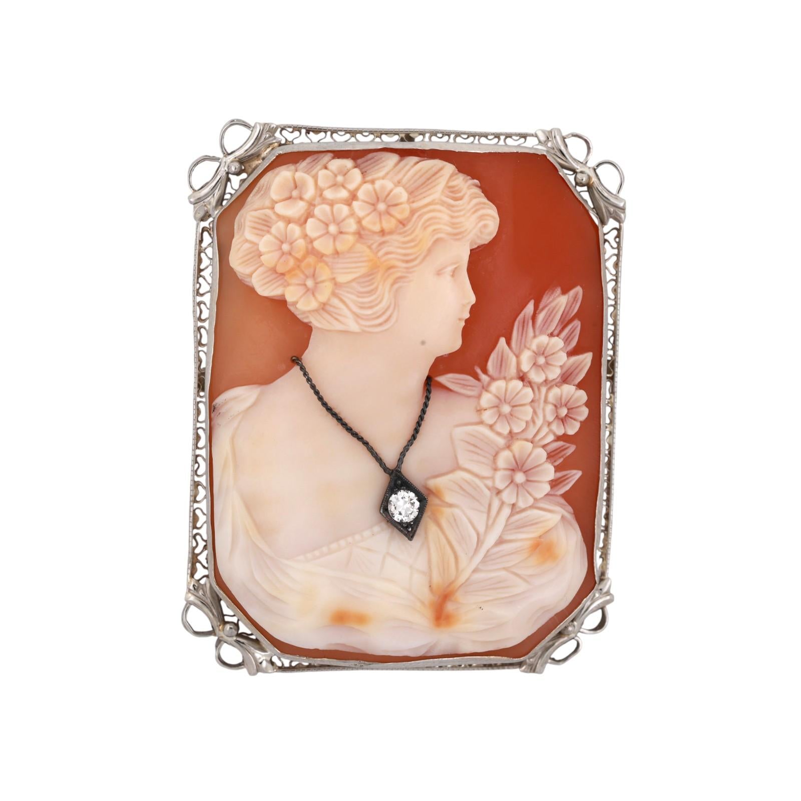 Vintage Art Nouveau Cameo Brooch Pin Pendant White Gold Diamond Accent 2.05"