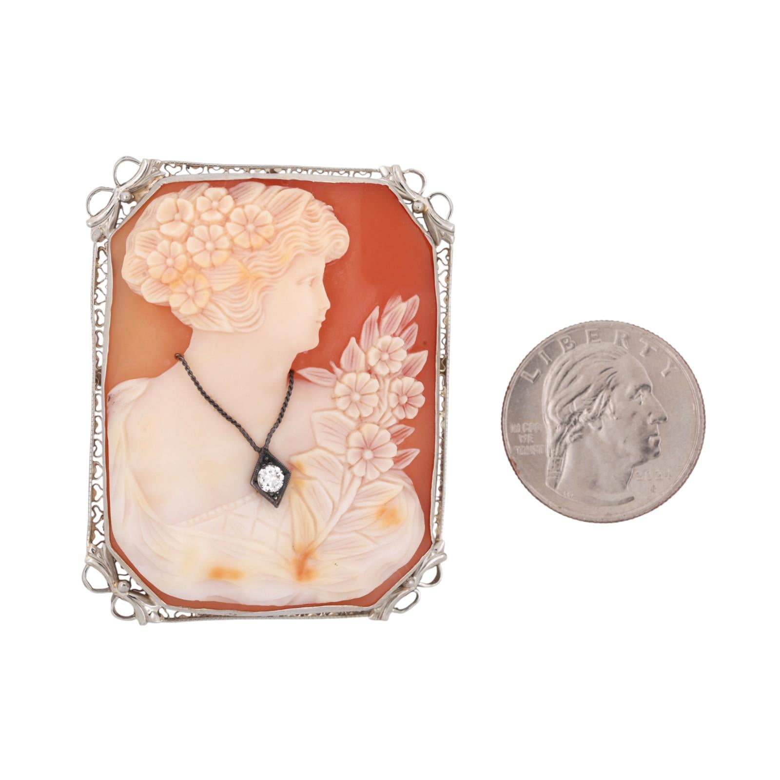 Vintage Art Nouveau Cameo Brooch Pin Pendant White Gold Diamond Accent 2.05"