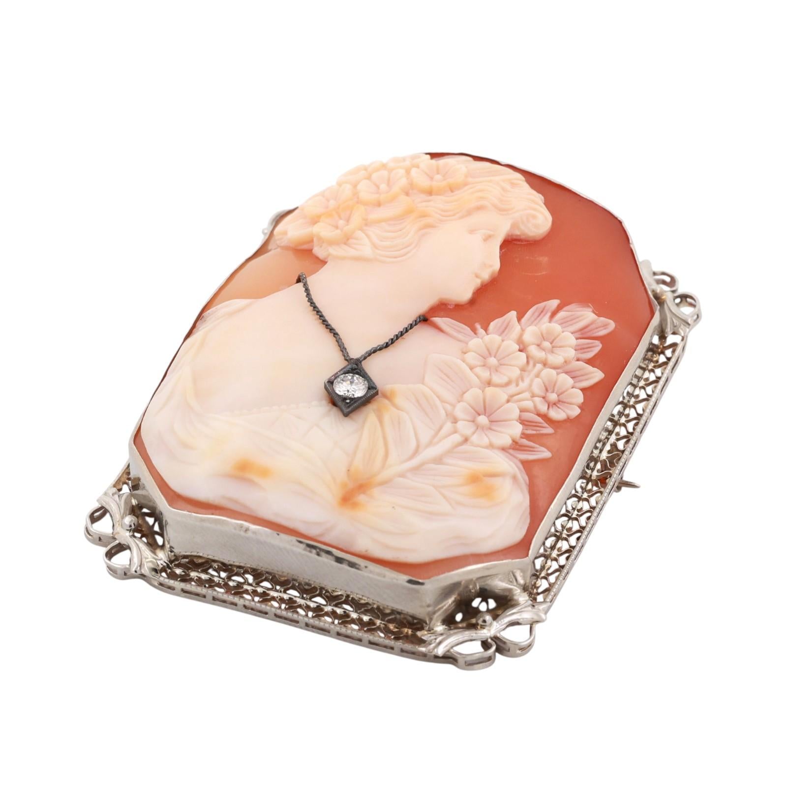 Vintage Art Nouveau Cameo Brooch Pin Pendant White Gold Diamond Accent 2.05"