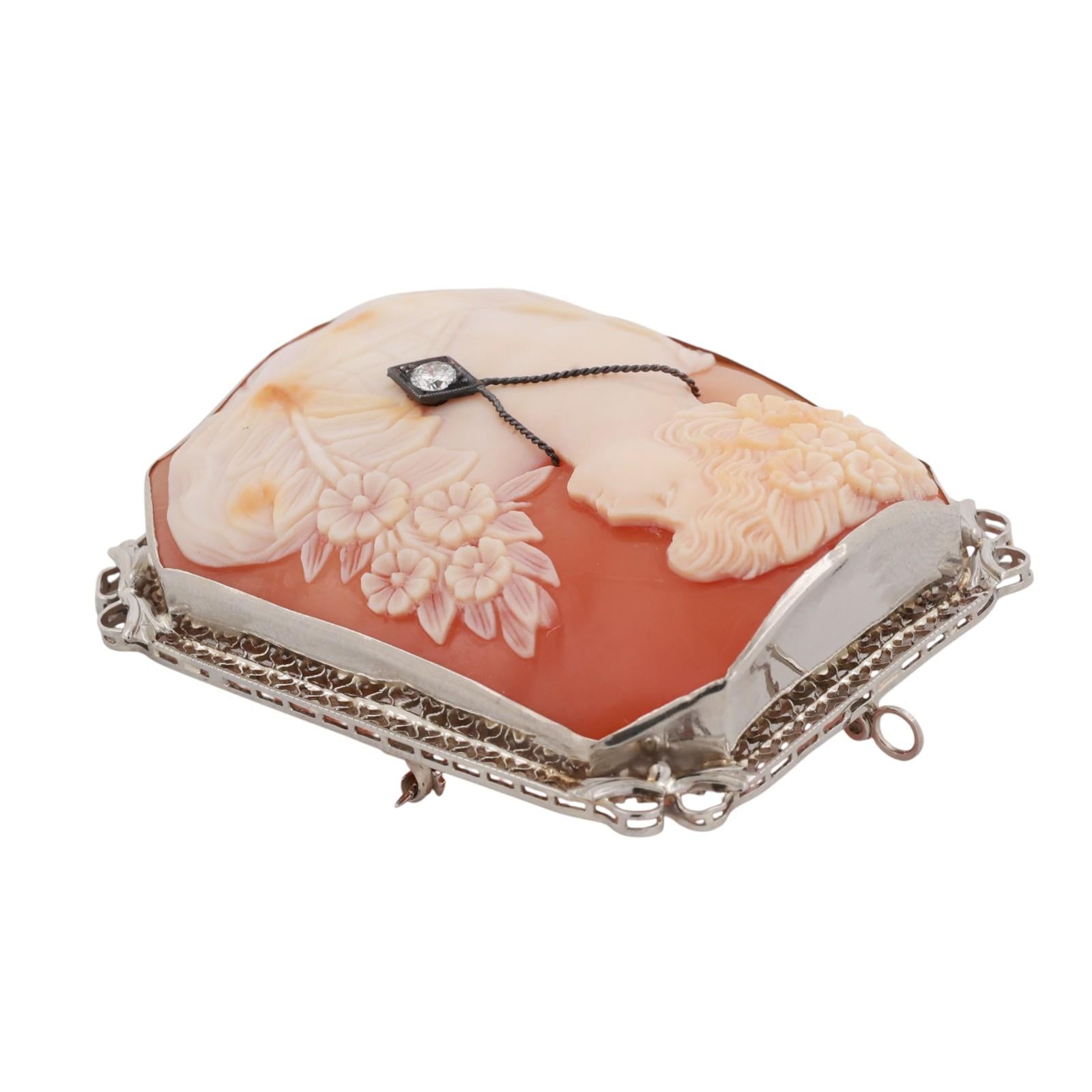 Vintage Art Nouveau Cameo Brooch Pin Pendant White Gold Diamond Accent 2.05"