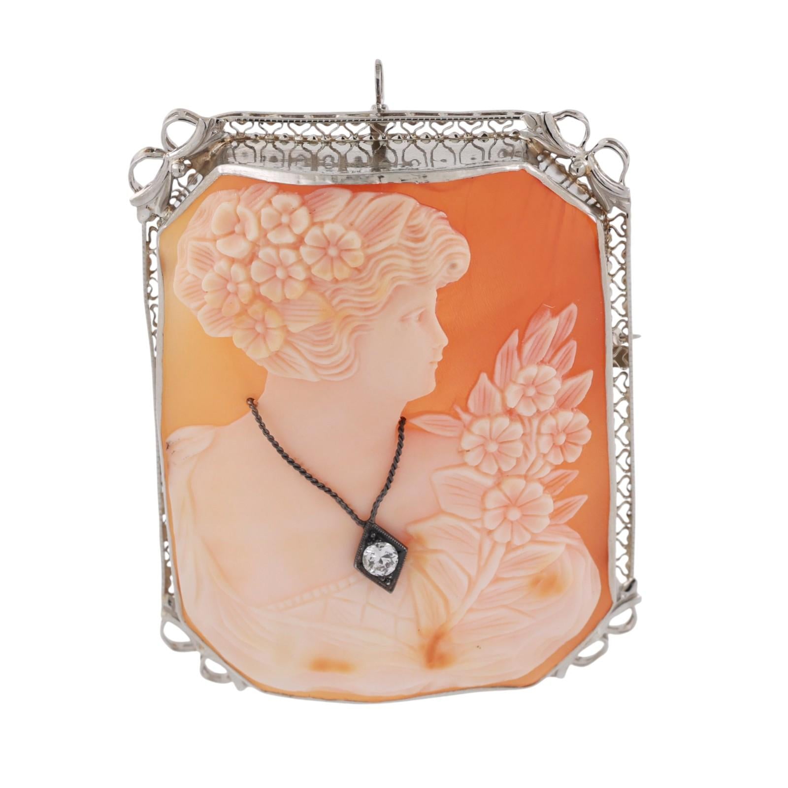 Vintage Art Nouveau Cameo Brooch Pin Pendant White Gold Diamond Accent 2.05"