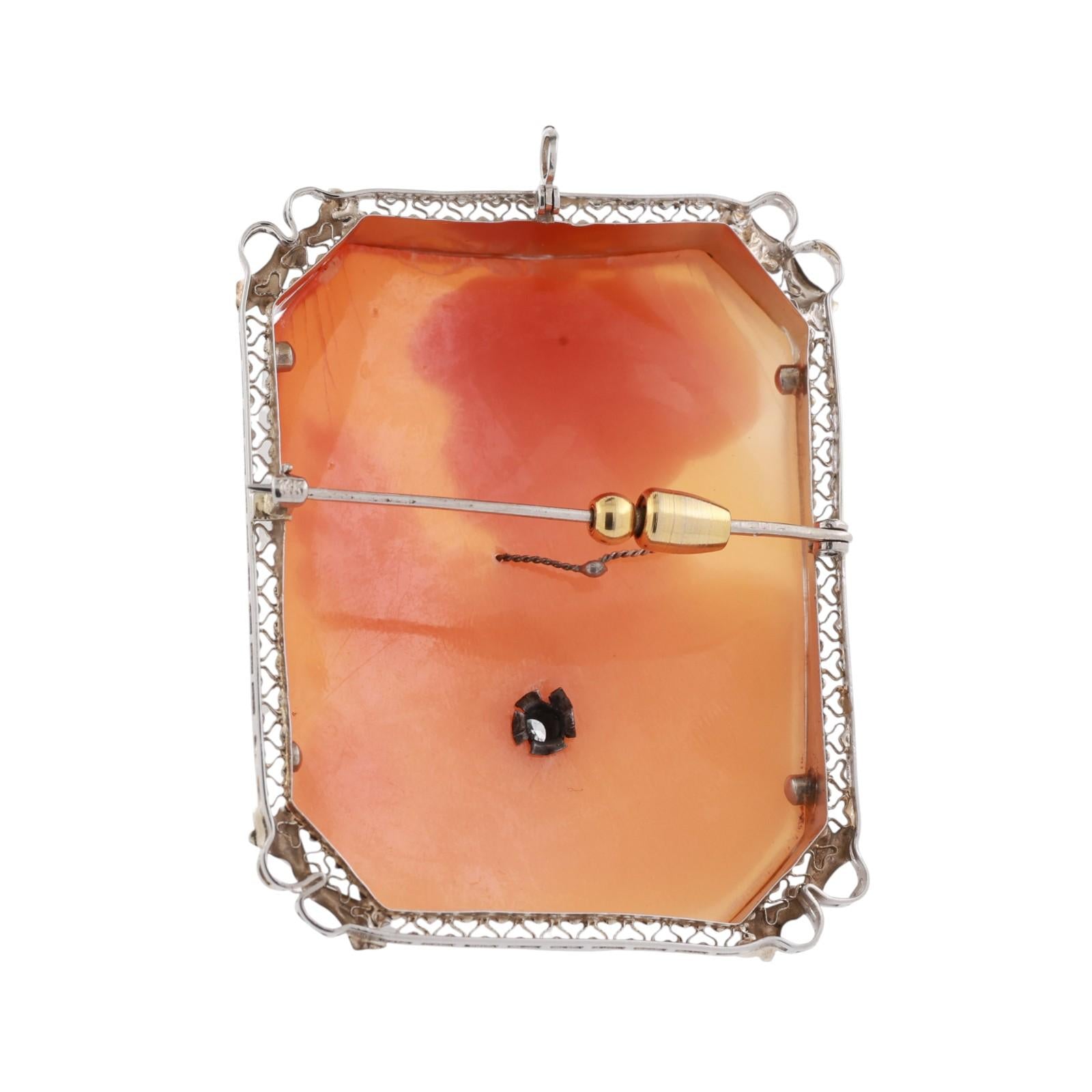 Vintage Art Nouveau Cameo Brooch Pin Pendant White Gold Diamond Accent 2.05"